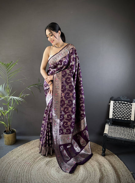 Sonakshi Women's Wine Banarasi Silk Zari Weaving Saree with Blouse