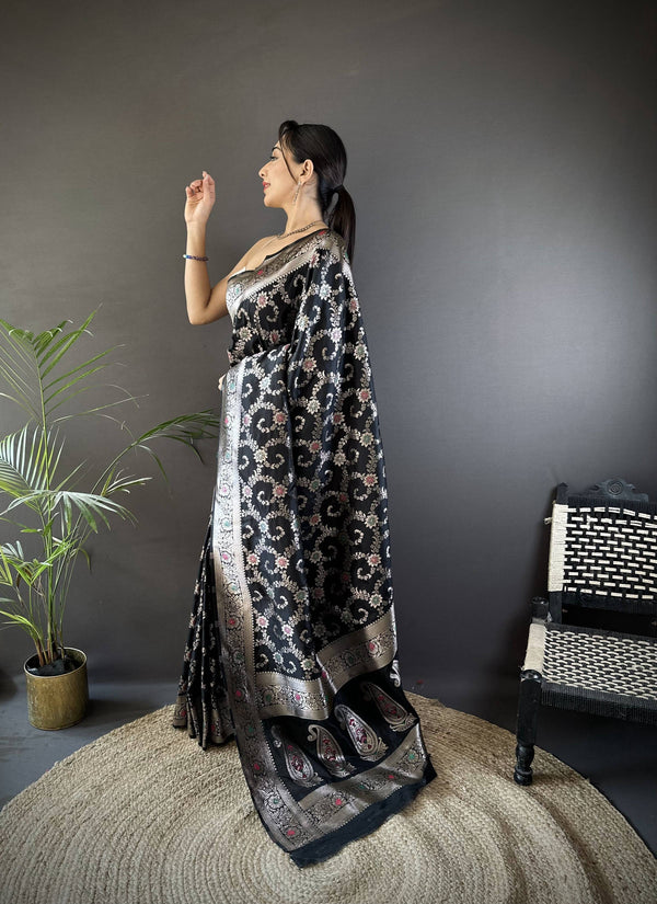 Sonakshi Women's Black Banarasi Silk Zari Weaving Saree with Blouse