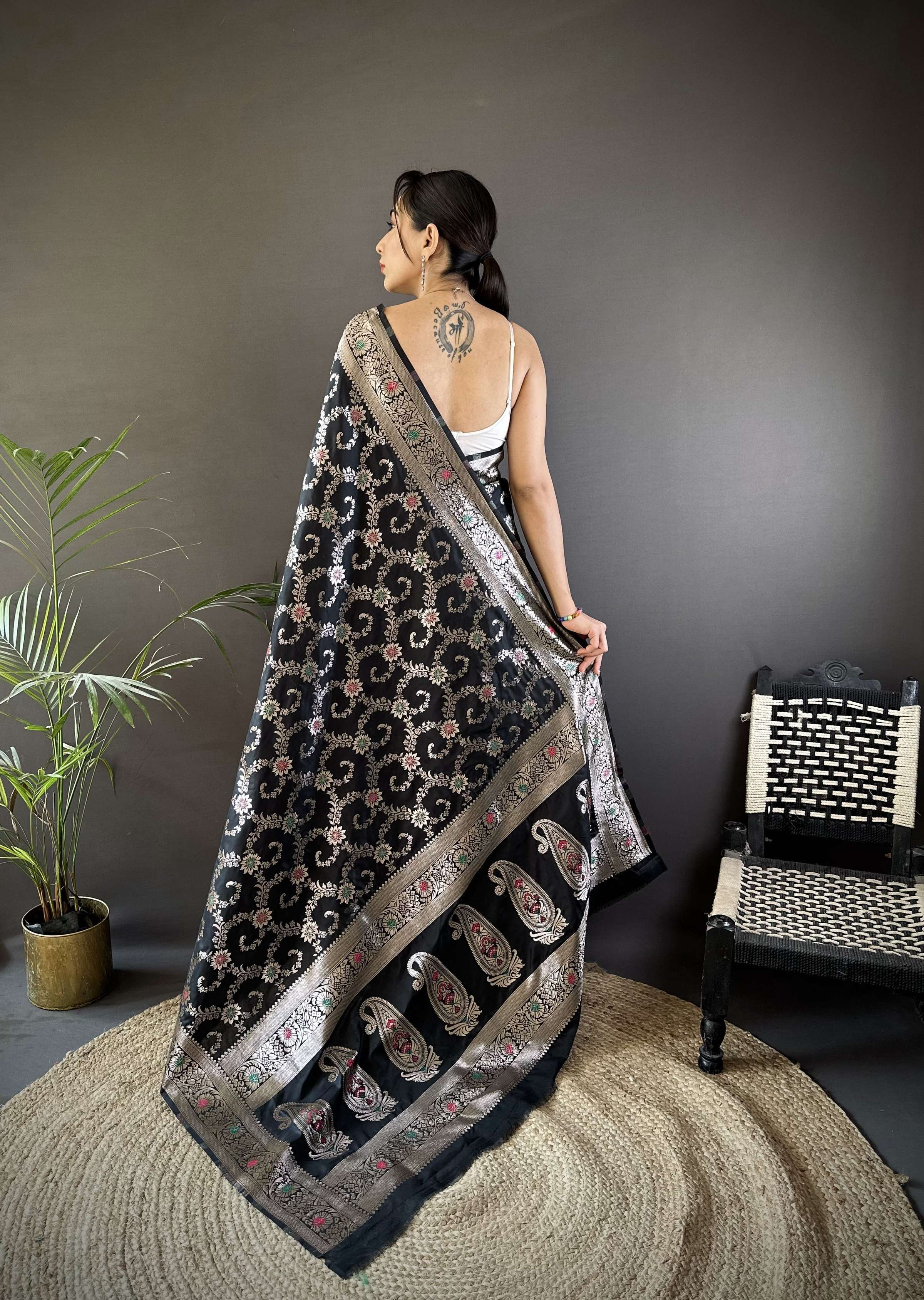 Sonakshi Women's Black Banarasi Silk Zari Weaving Saree with Blouse