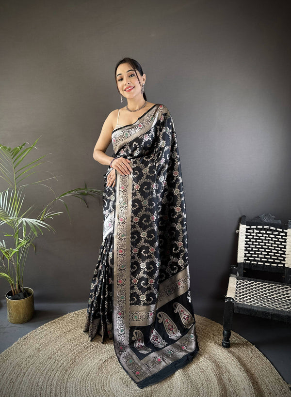 Sonakshi Women's Black Banarasi Silk Zari Weaving Saree with Blouse