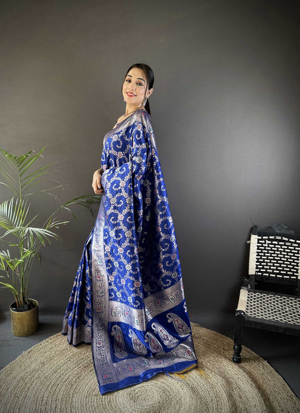 Sonakshi Women's Blue Banarasi Silk Zari Weaving Saree with Blouse