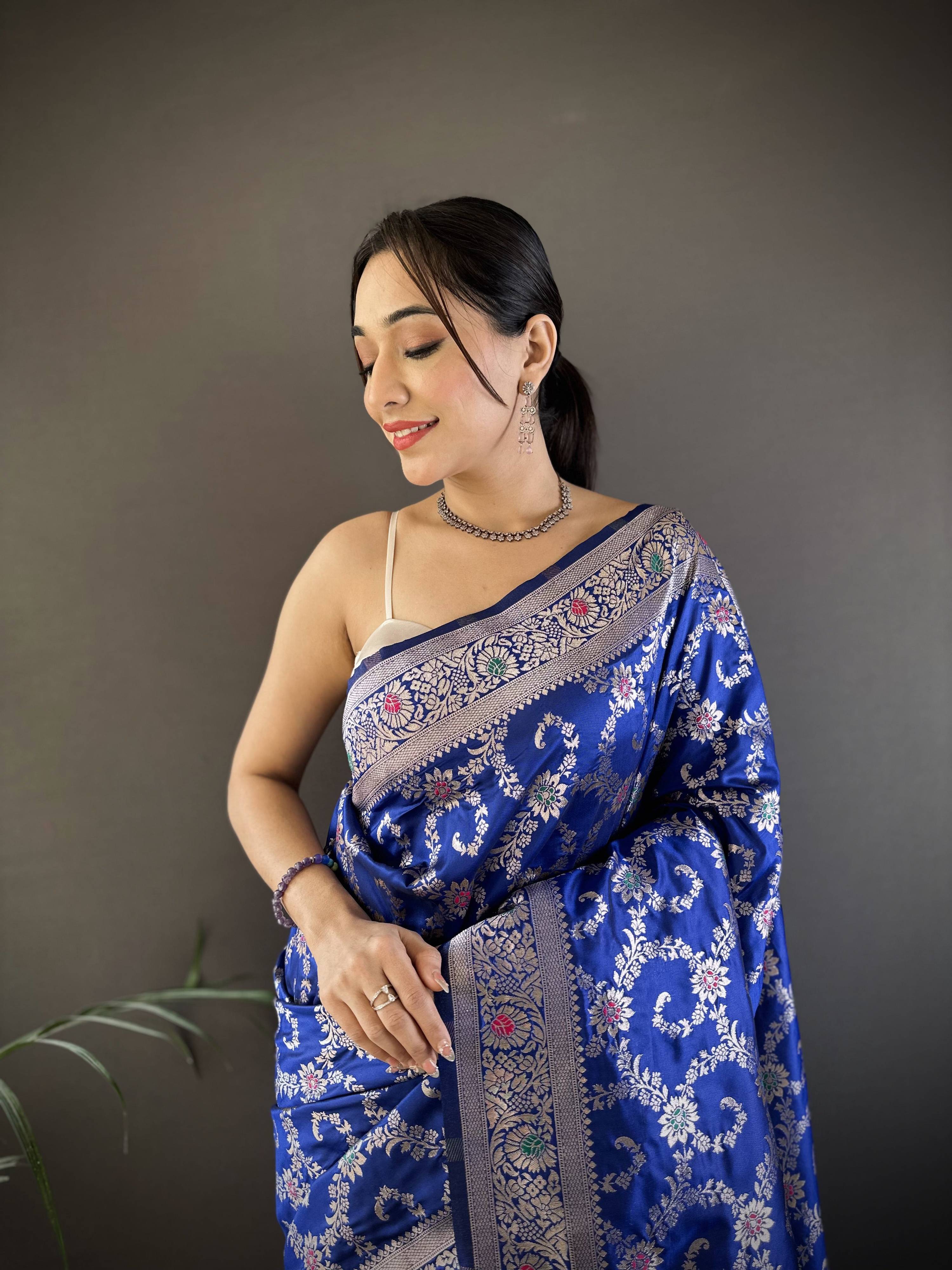 Sonakshi Women's Blue Banarasi Silk Zari Weaving Saree with Blouse