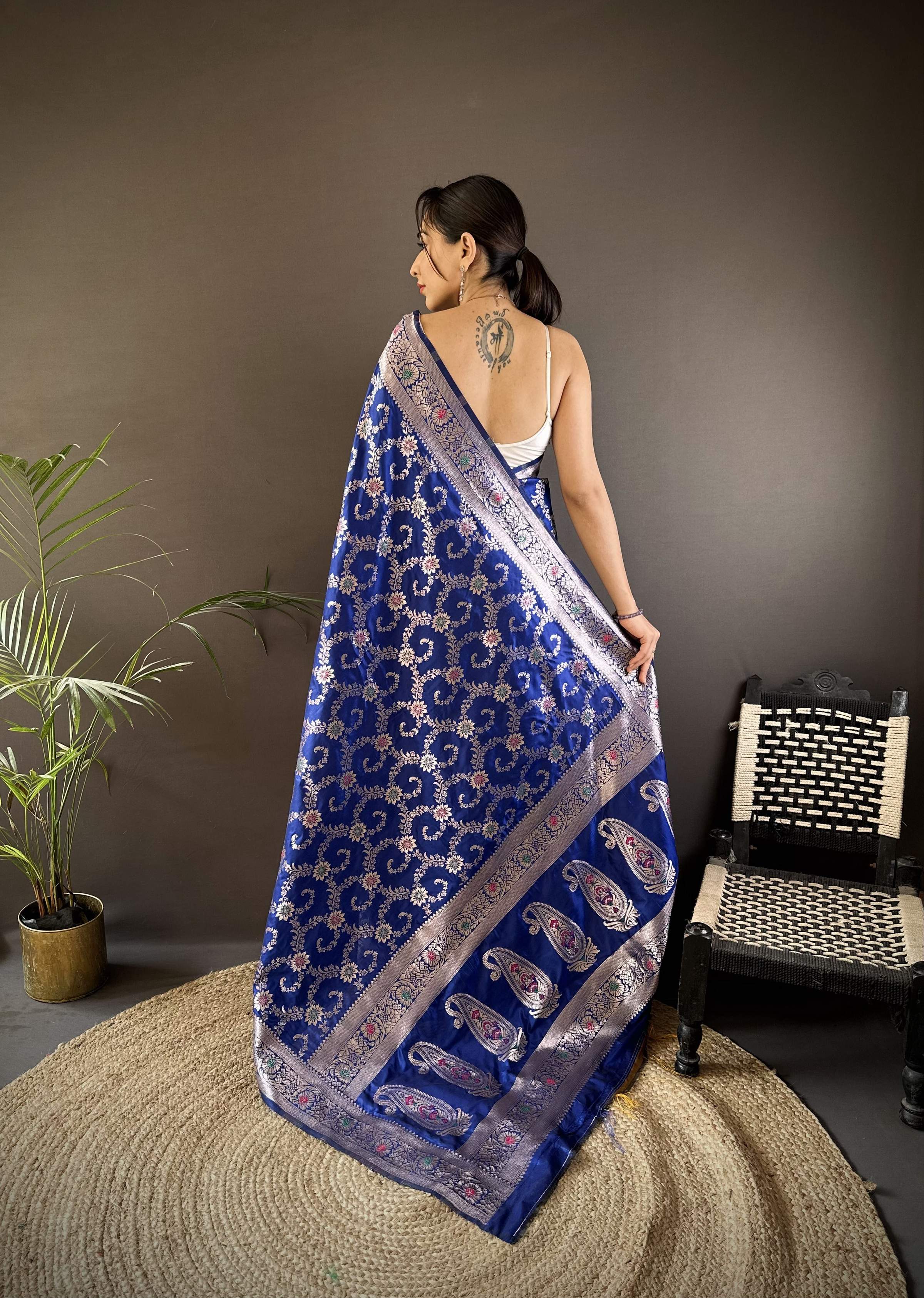 Sonakshi Women's Blue Banarasi Silk Zari Weaving Saree with Blouse