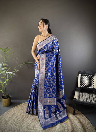 Sonakshi Women's Blue Banarasi Silk Zari Weaving Saree with Blouse