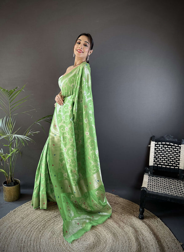 Sonakshi Women's Pista Banarasi Silk Zari Weaving Saree with Blouse