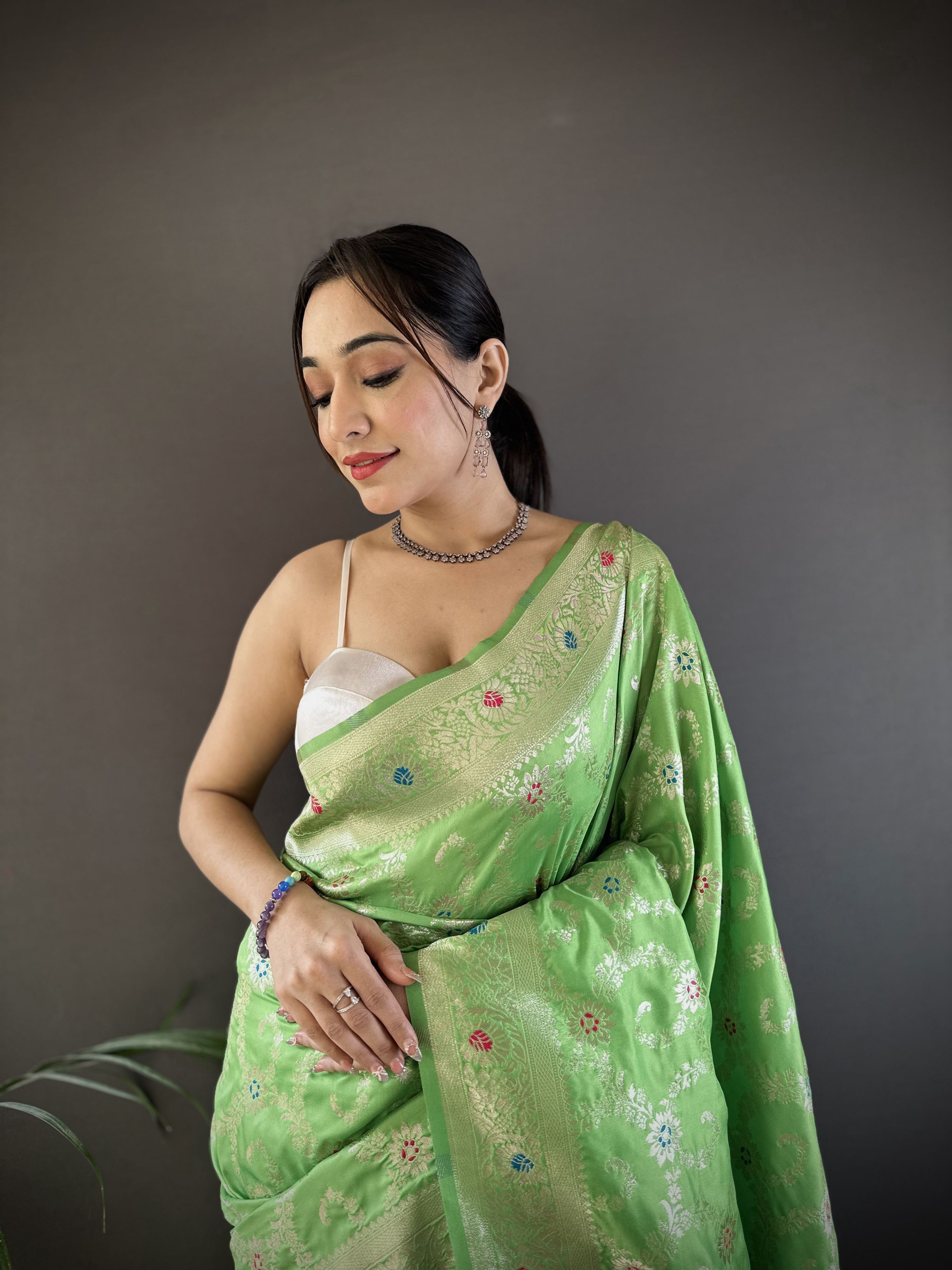 Sonakshi Women's Pista Banarasi Silk Zari Weaving Saree with Blouse