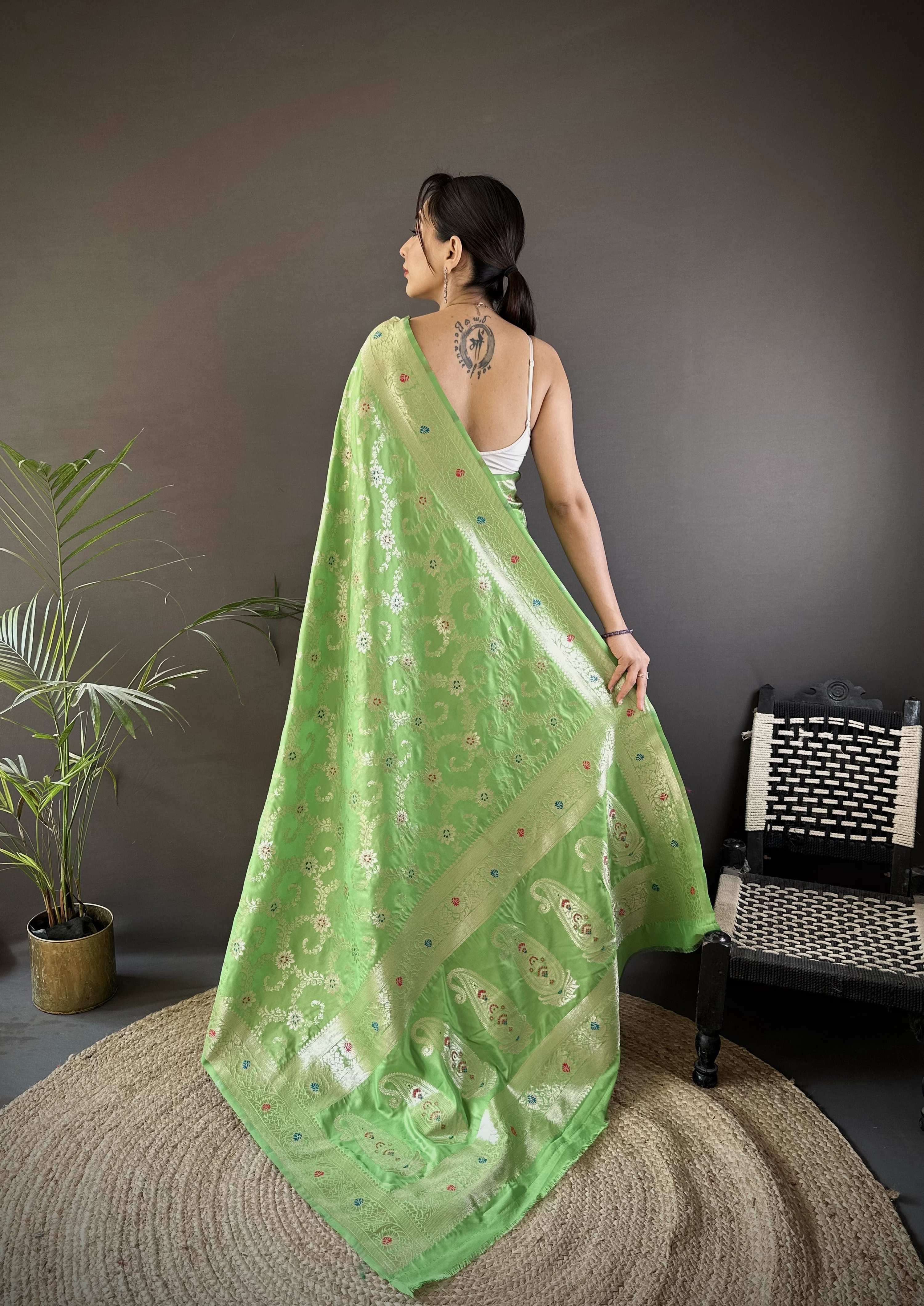 Sonakshi Women's Pista Banarasi Silk Zari Weaving Saree with Blouse