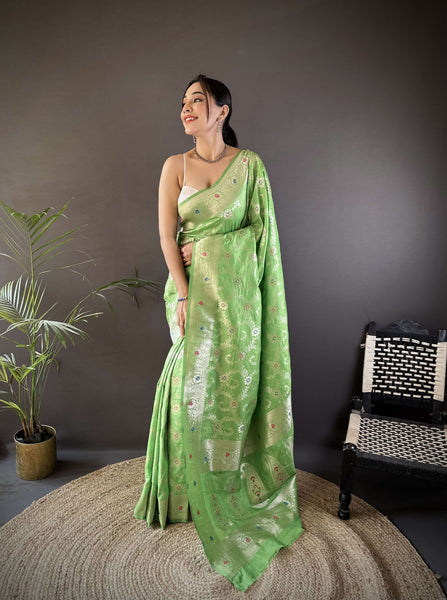 Sonakshi Women's Pista Banarasi Silk Zari Weaving Saree with Blouse