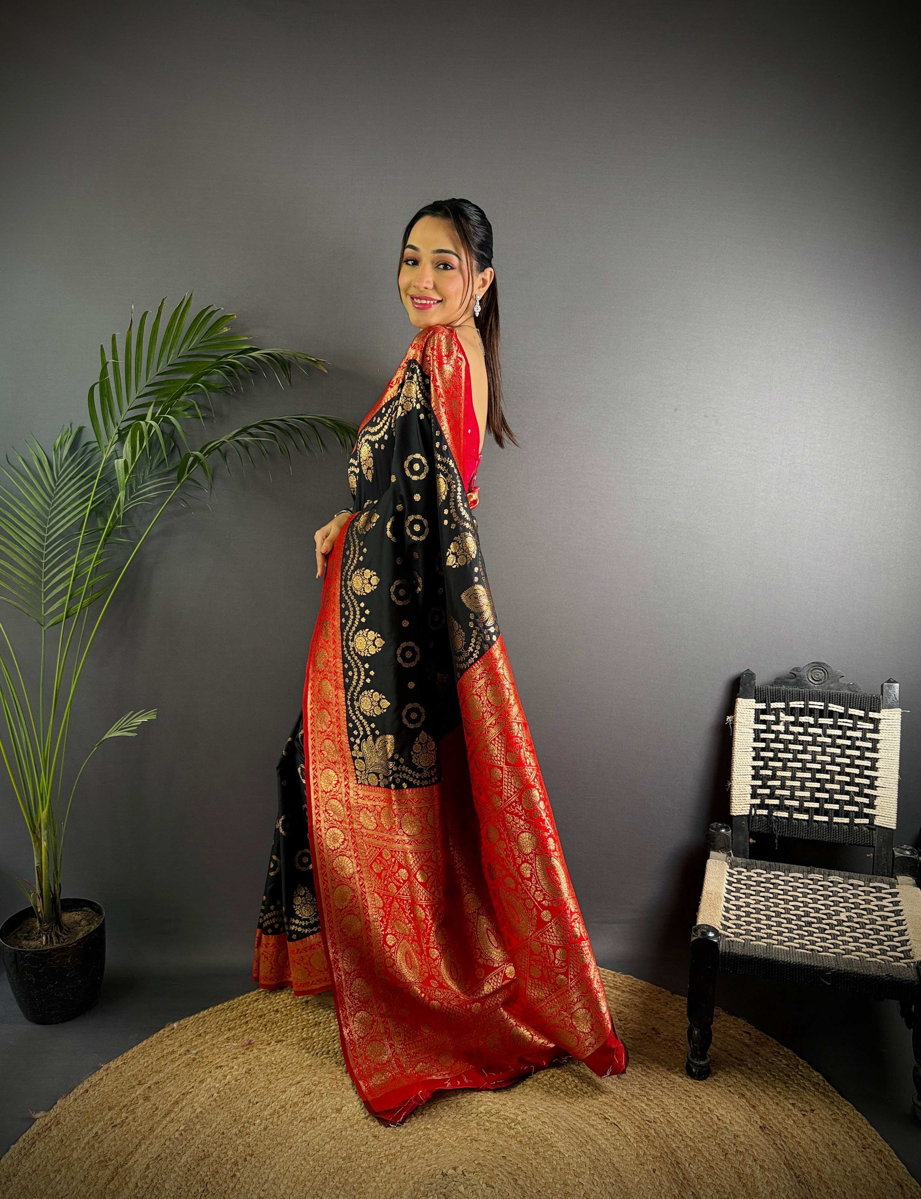 Sonakshi Women's Black Banarasi Silk Zari Weaving Saree with Blouse