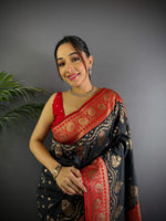 Thumbnail for Sonakshi Women's Black Banarasi Silk Zari Weaving Saree with Blouse