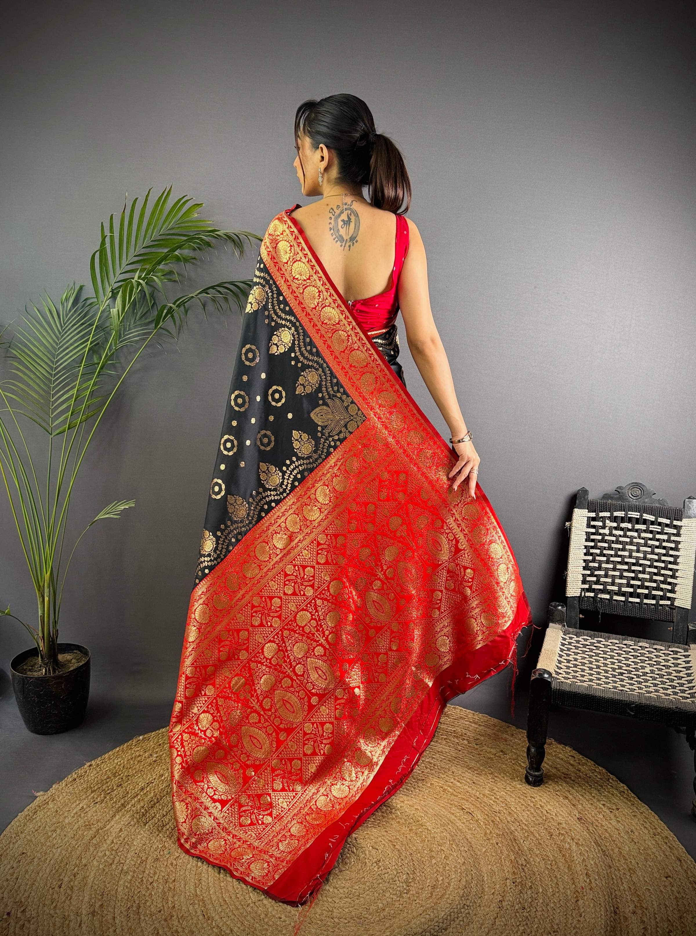 Sonakshi Women's Black Banarasi Silk Zari Weaving Saree with Blouse