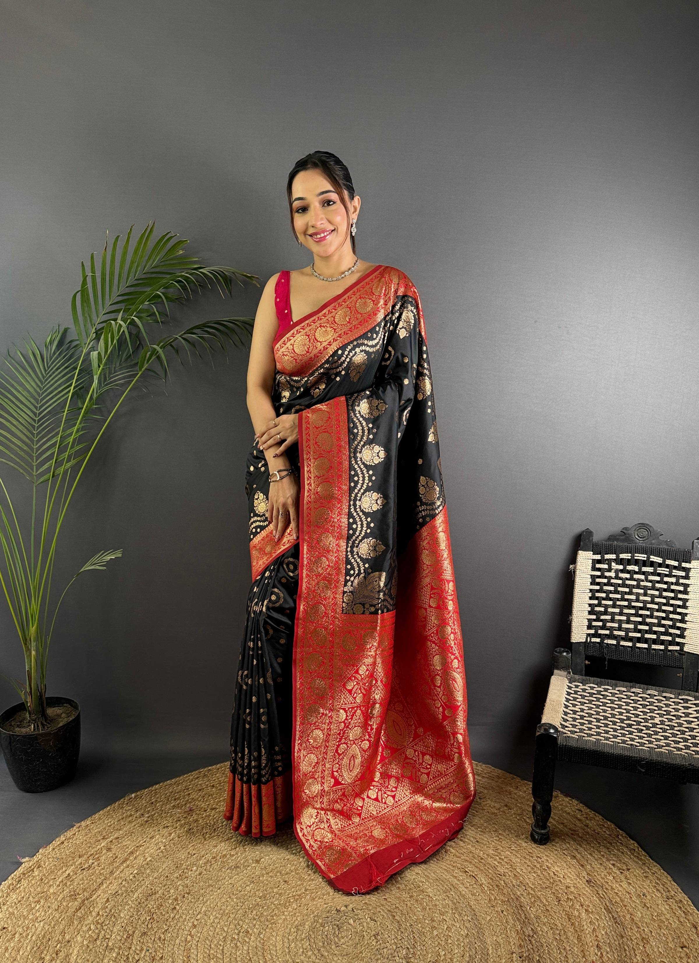 Sonakshi Women's Black Banarasi Silk Zari Weaving Saree with Blouse