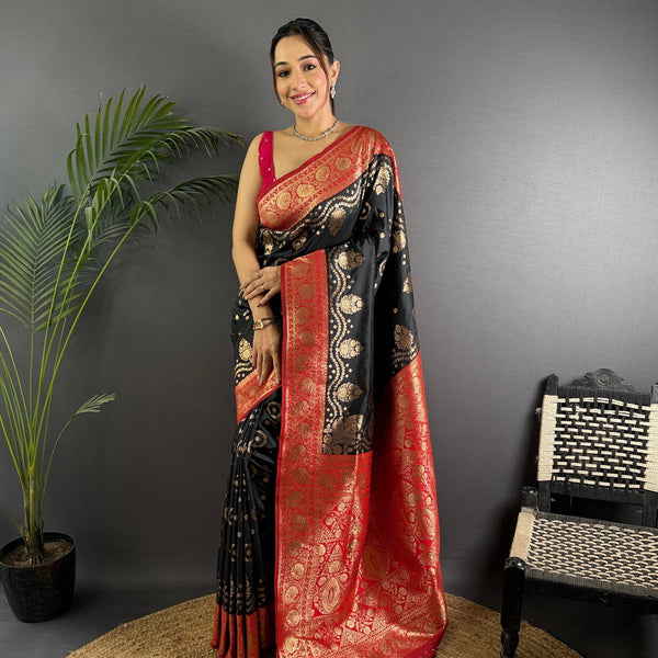 Sonakshi Women's Black Banarasi Silk Zari Weaving Saree with Blouse - Distacart