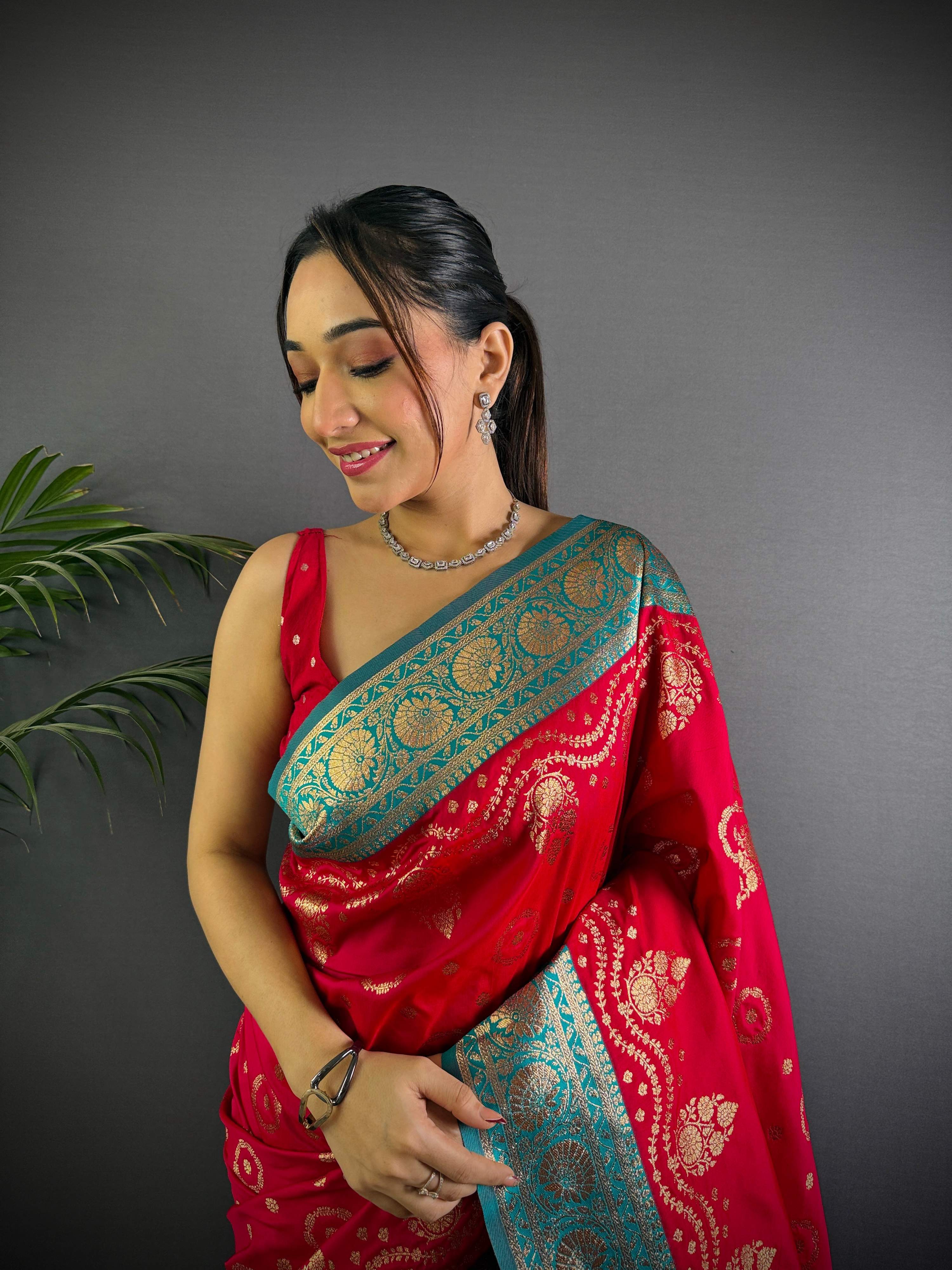 Sonakshi Women's Maharani Banarasi Silk Zari Weaving Saree with Blouse