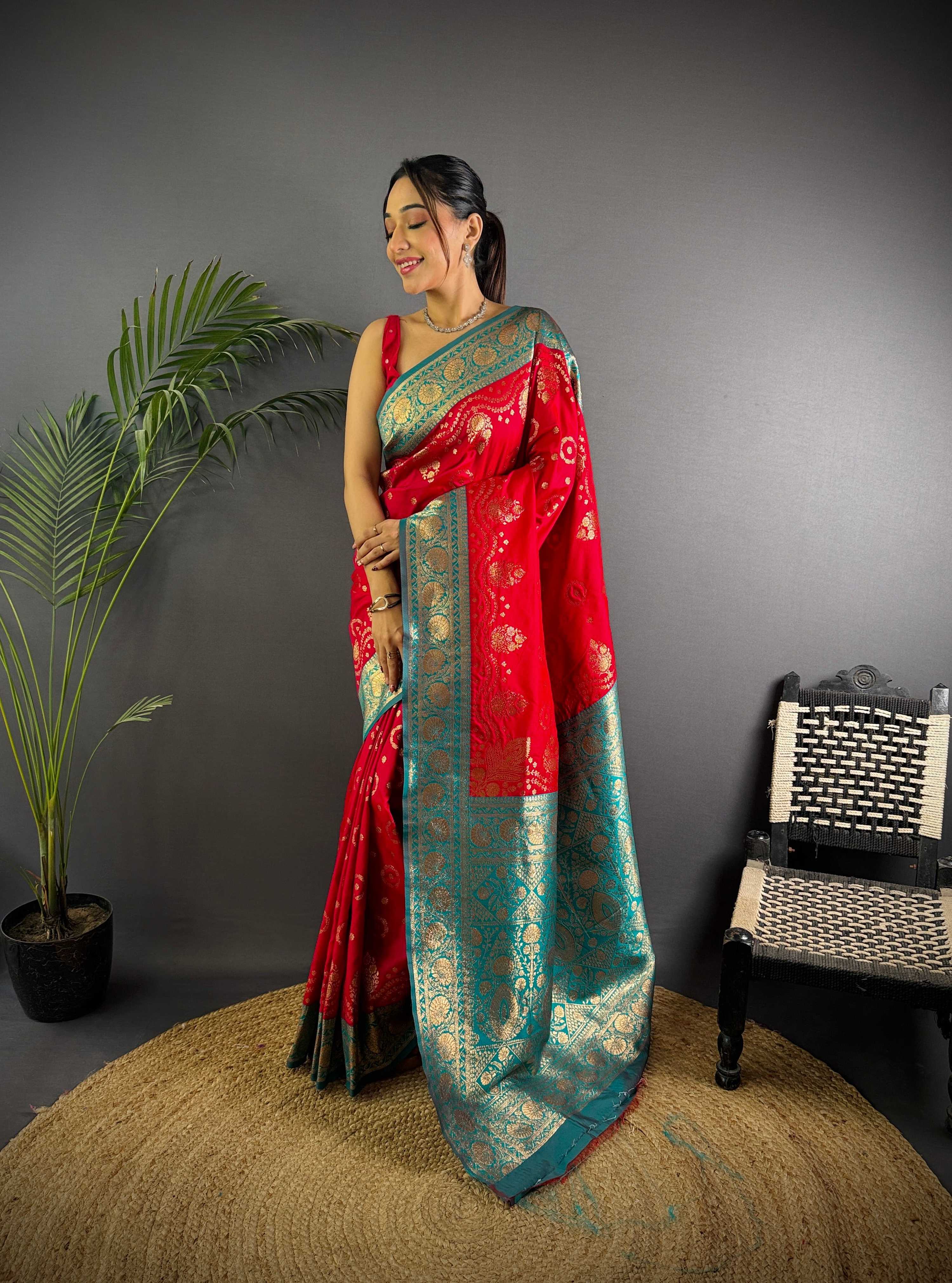 Sonakshi Women's Maharani Banarasi Silk Zari Weaving Saree with Blouse