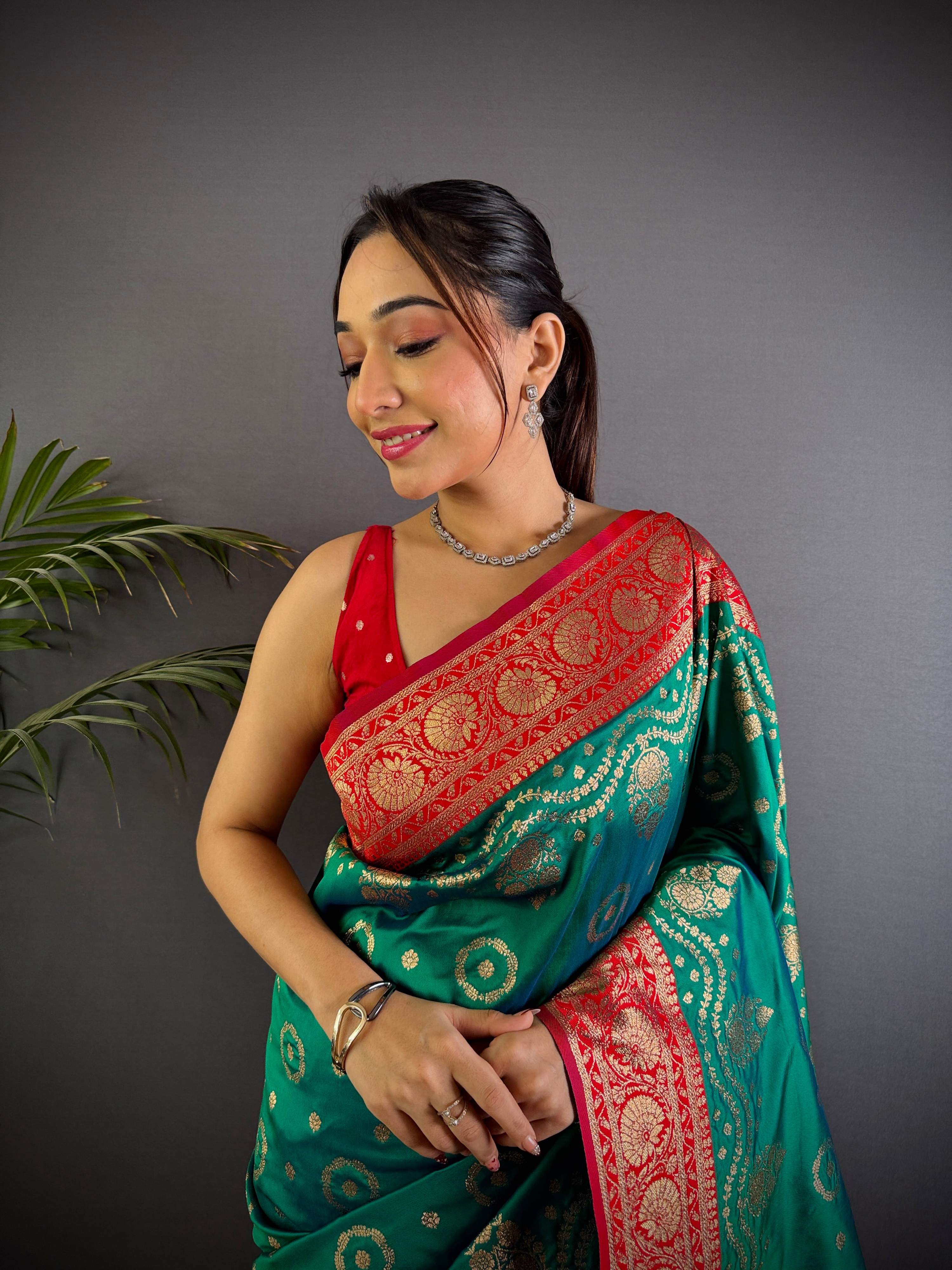 Sonakshi Women's Seagreen Banarasi Silk Zari Weaving Saree with Blouse
