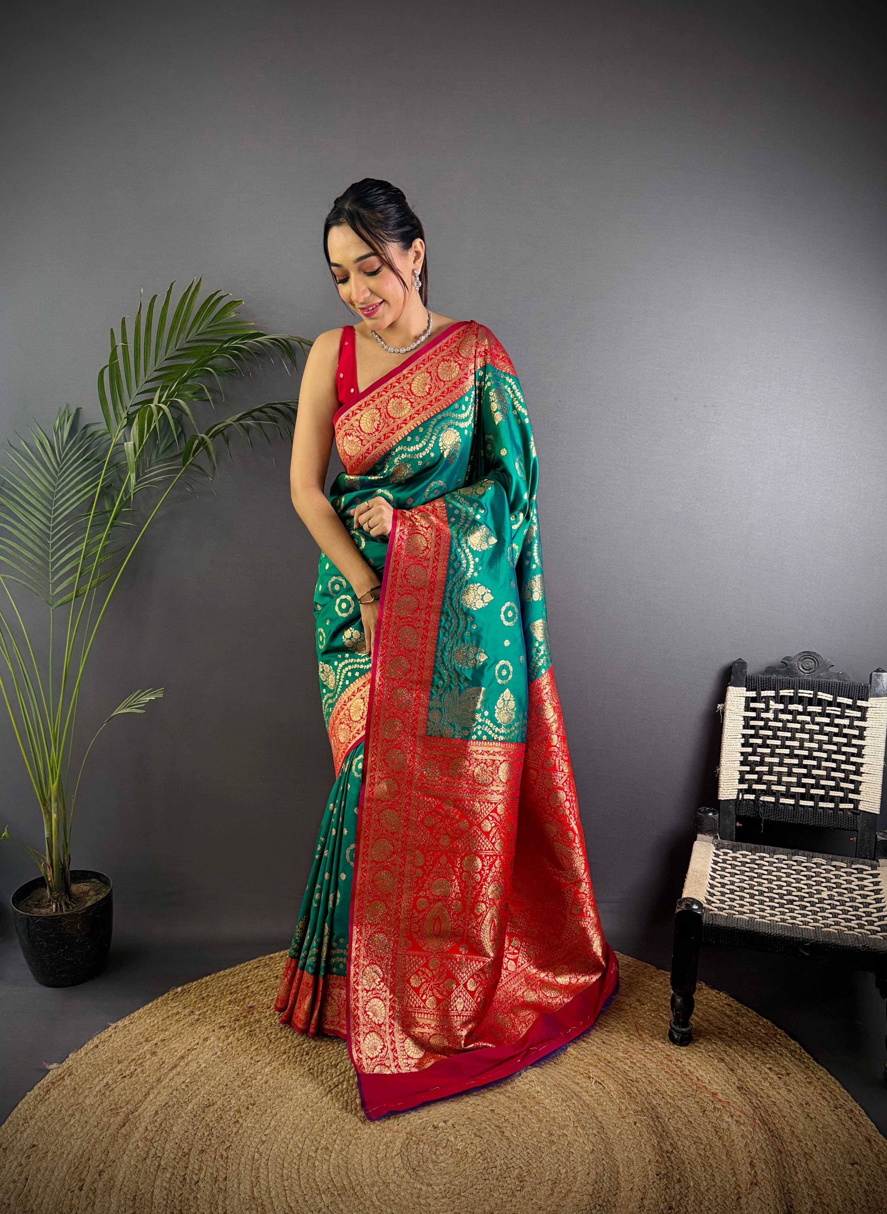 Sonakshi Women's Seagreen Banarasi Silk Zari Weaving Saree with Blouse