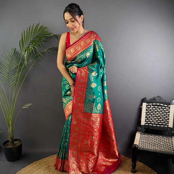 Sonakshi Women's Seagreen Banarasi Silk Zari Weaving Saree with Blouse - Distacart