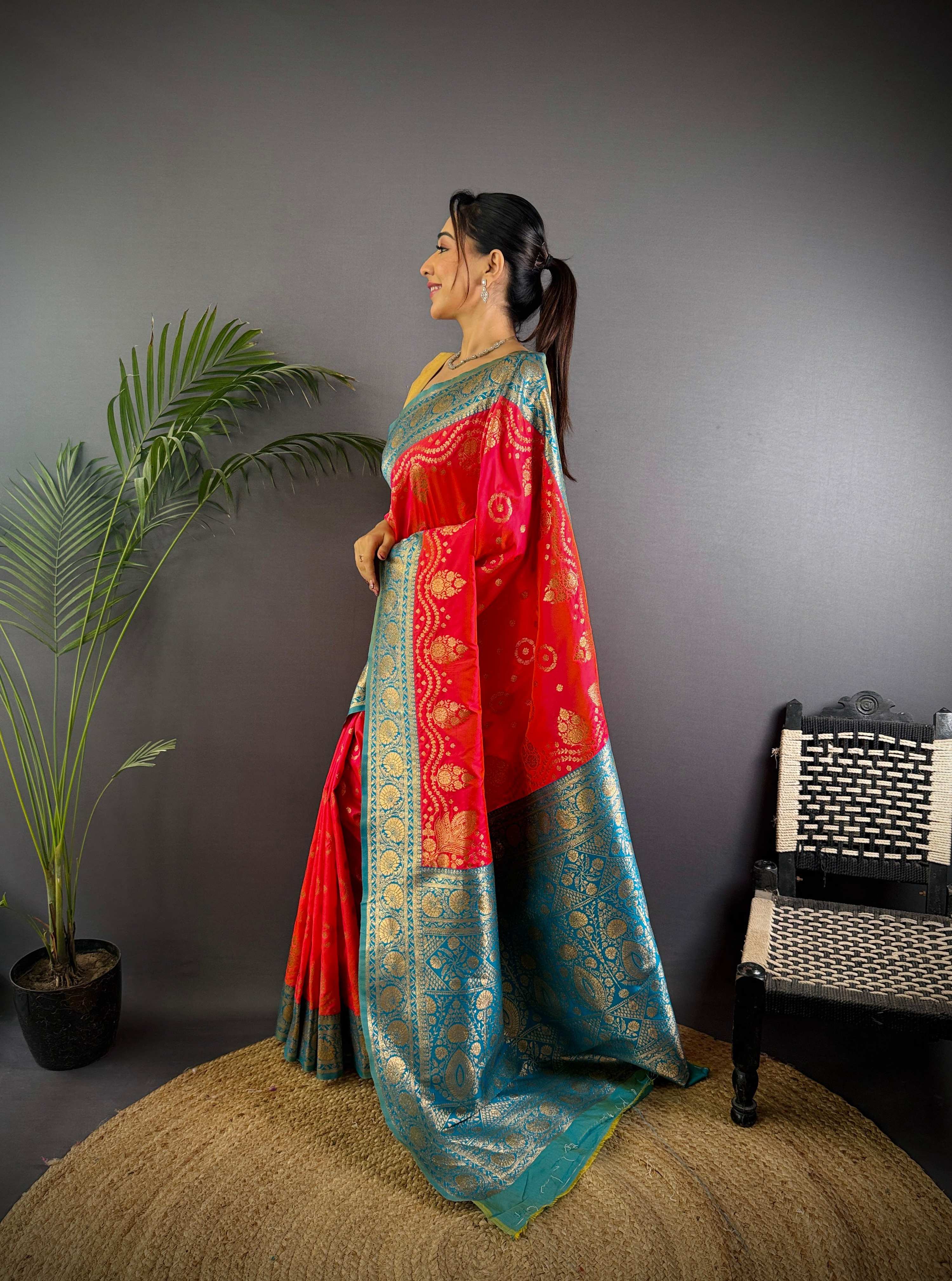 Sonakshi Women's Gajri Banarasi Silk Zari Weaving Saree with Blouse