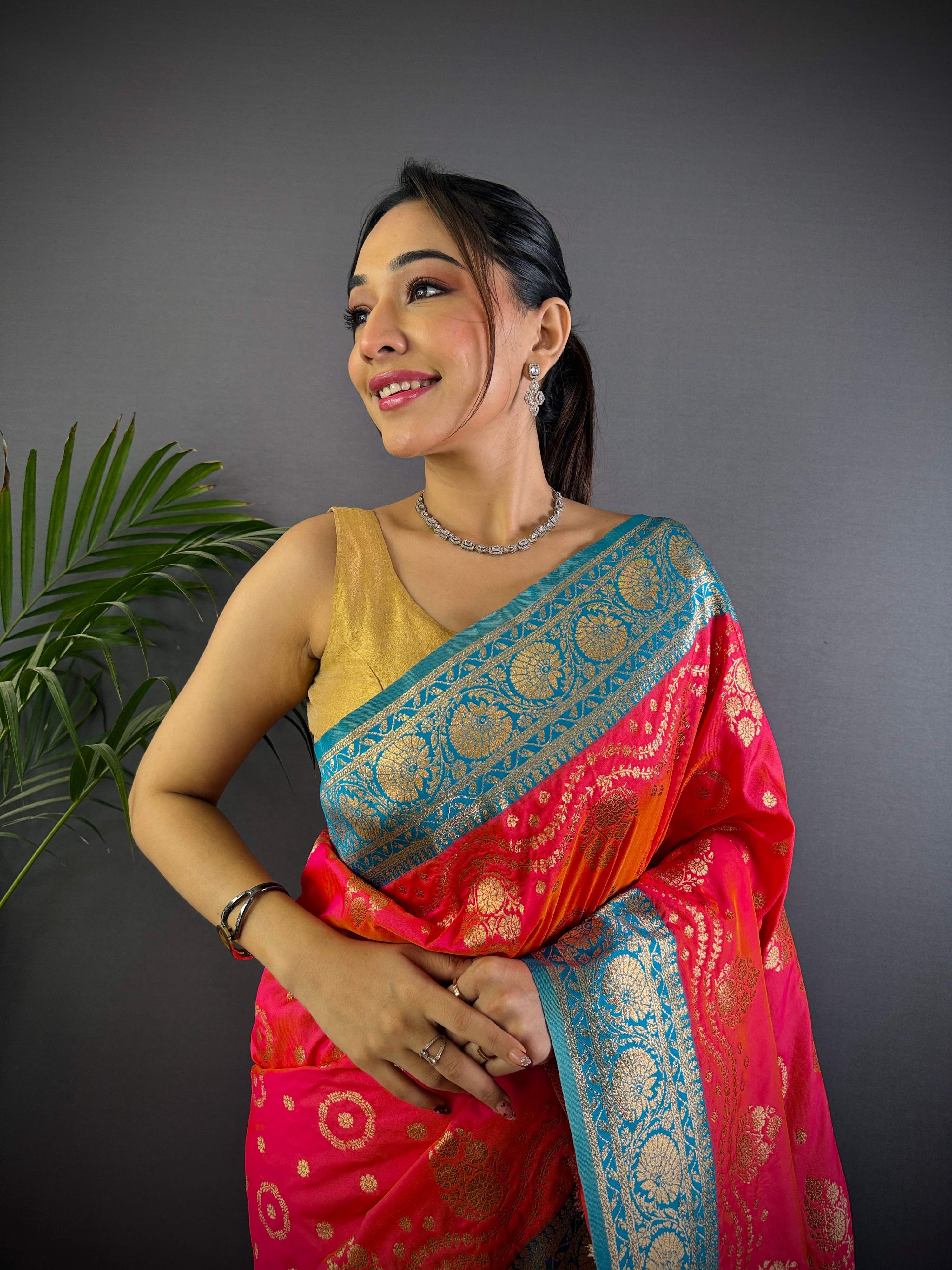 Sonakshi Women's Gajri Banarasi Silk Zari Weaving Saree with Blouse