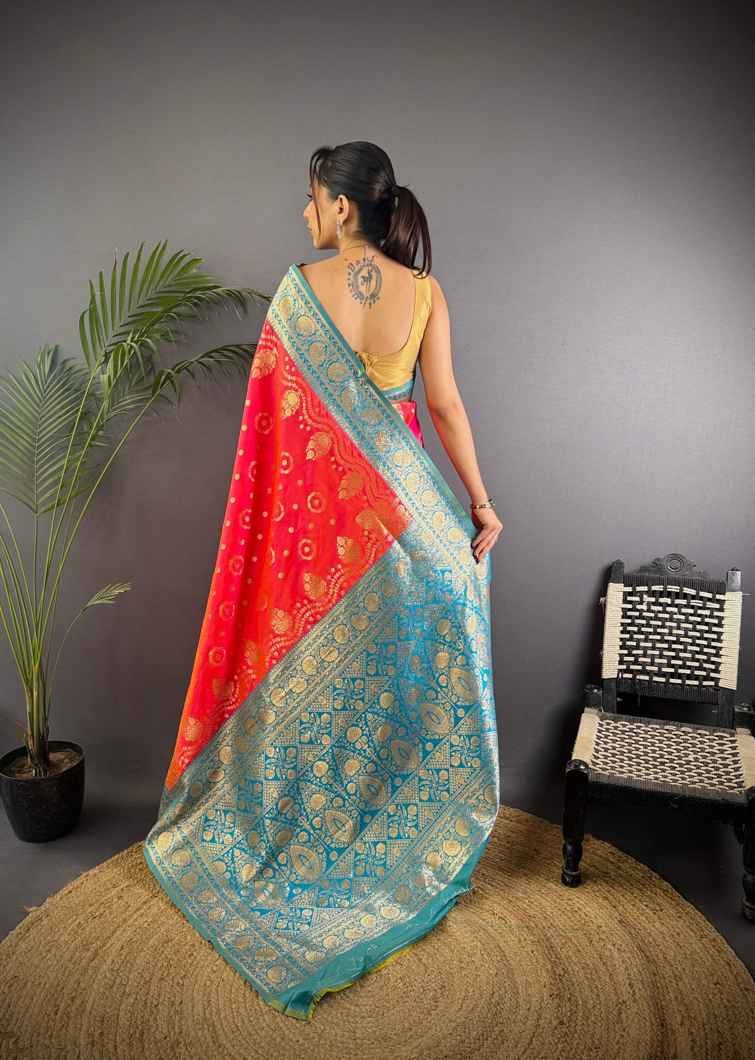 Sonakshi Women's Gajri Banarasi Silk Zari Weaving Saree with Blouse