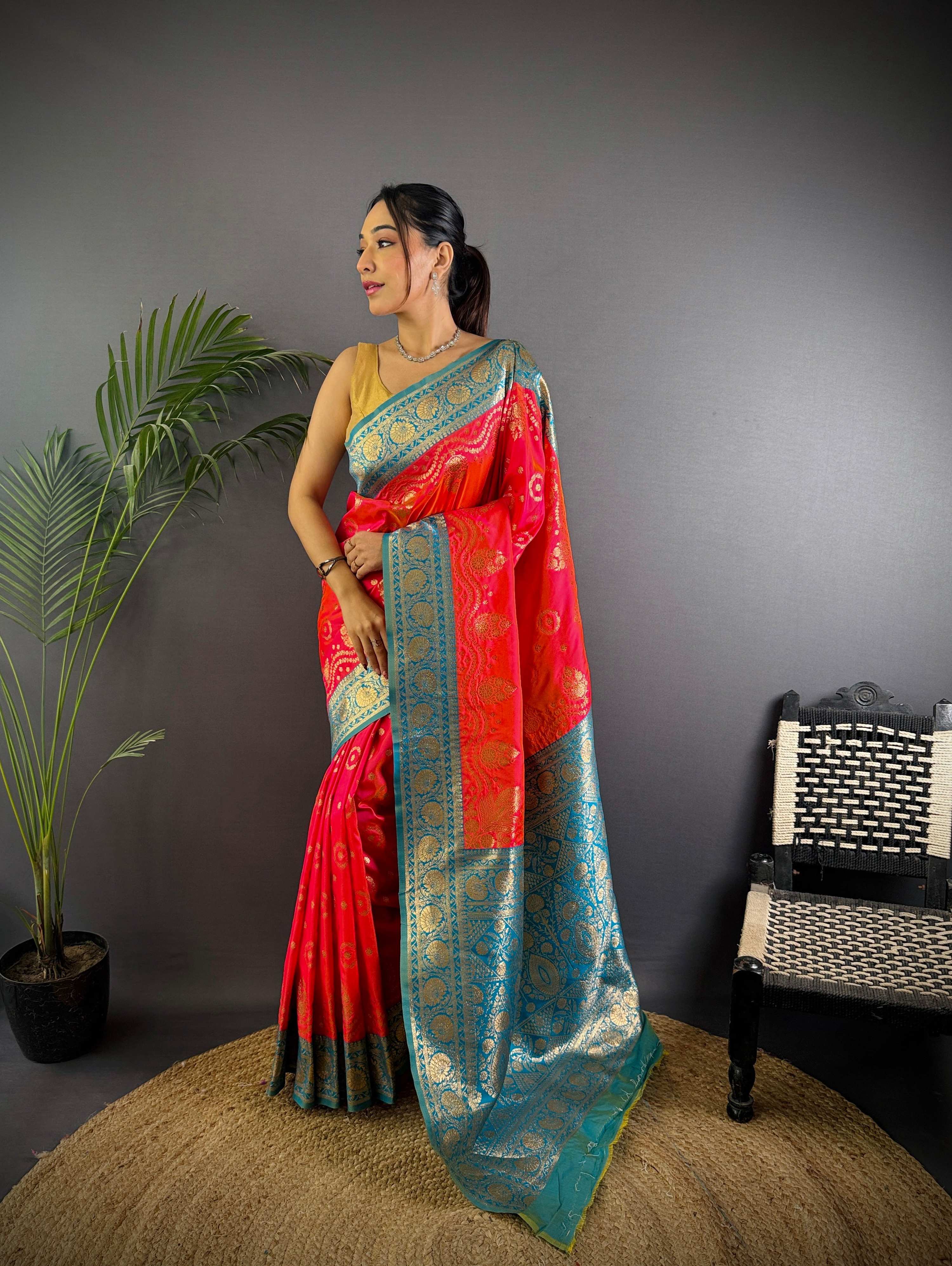 Sonakshi Women's Gajri Banarasi Silk Zari Weaving Saree with Blouse