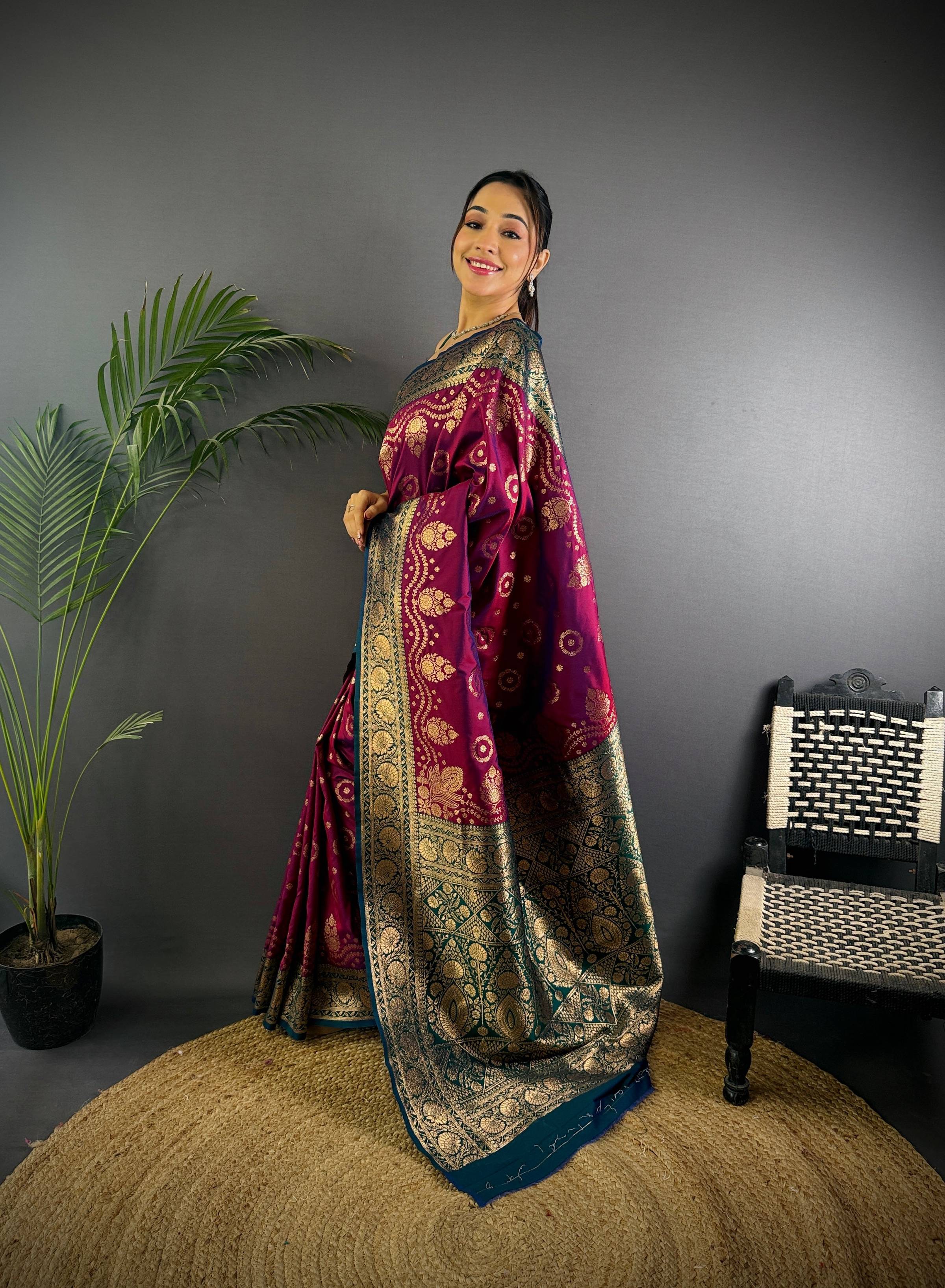 Sonakshi Women's Wine Banarasi Silk Zari Weaving Saree with Blouse