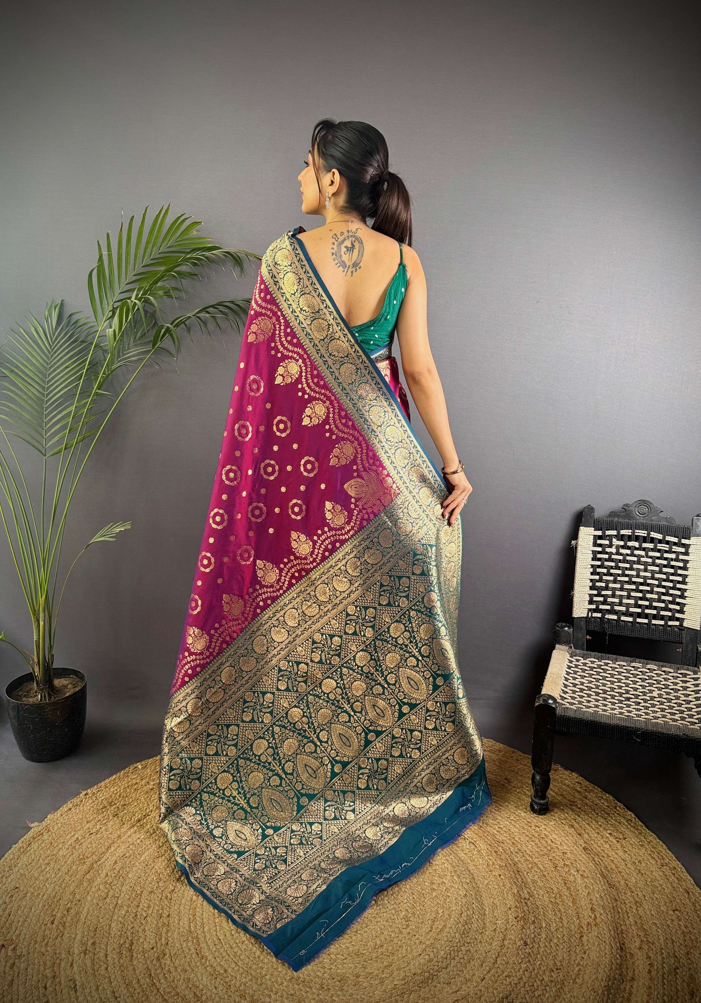 Sonakshi Women's Wine Banarasi Silk Zari Weaving Saree with Blouse