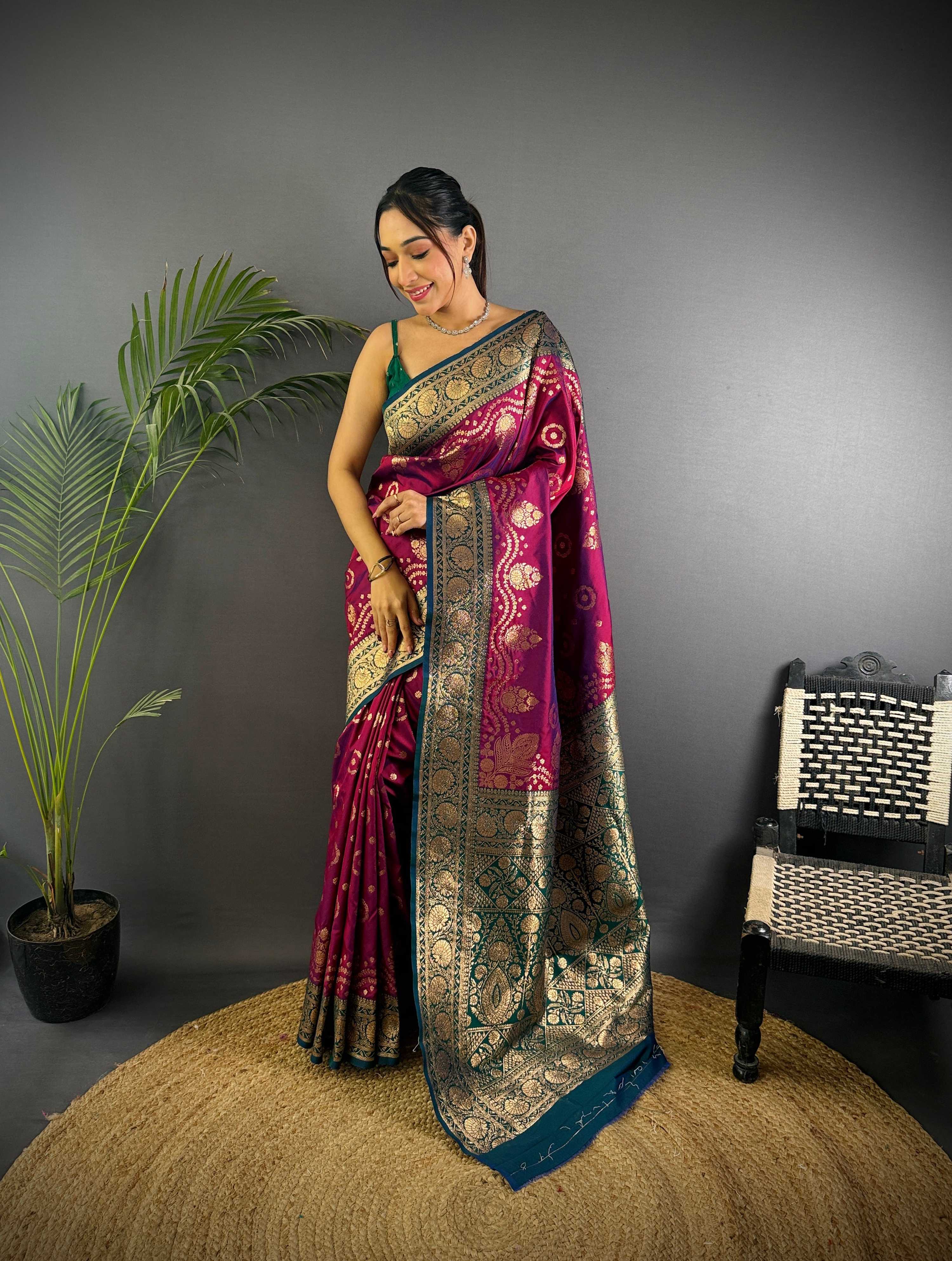 Sonakshi Women's Wine Banarasi Silk Zari Weaving Saree with Blouse