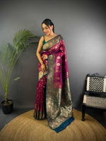 Thumbnail for Sonakshi Women's Wine Banarasi Silk Zari Weaving Saree with Blouse