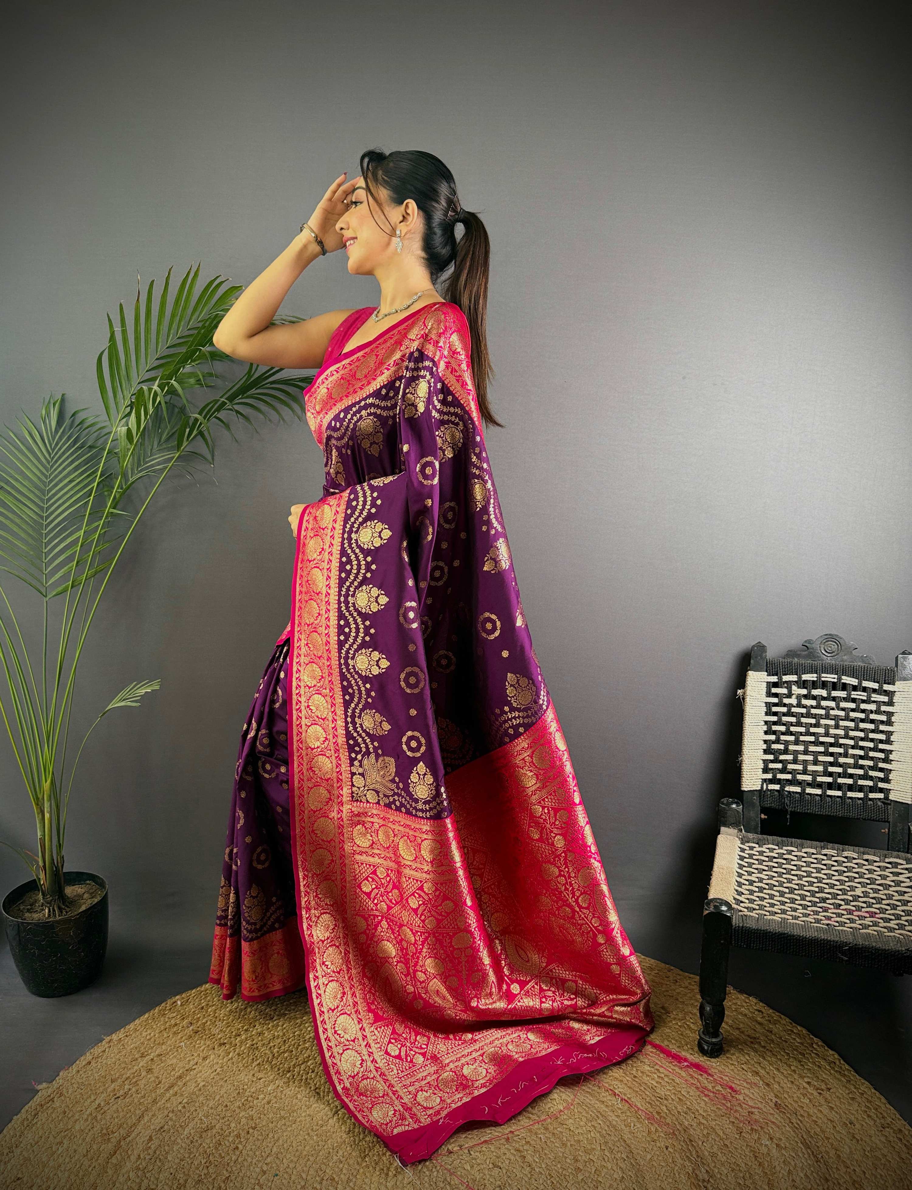 Sonakshi Women's Jamli Banarasi Silk Zari Weaving Saree with Blouse