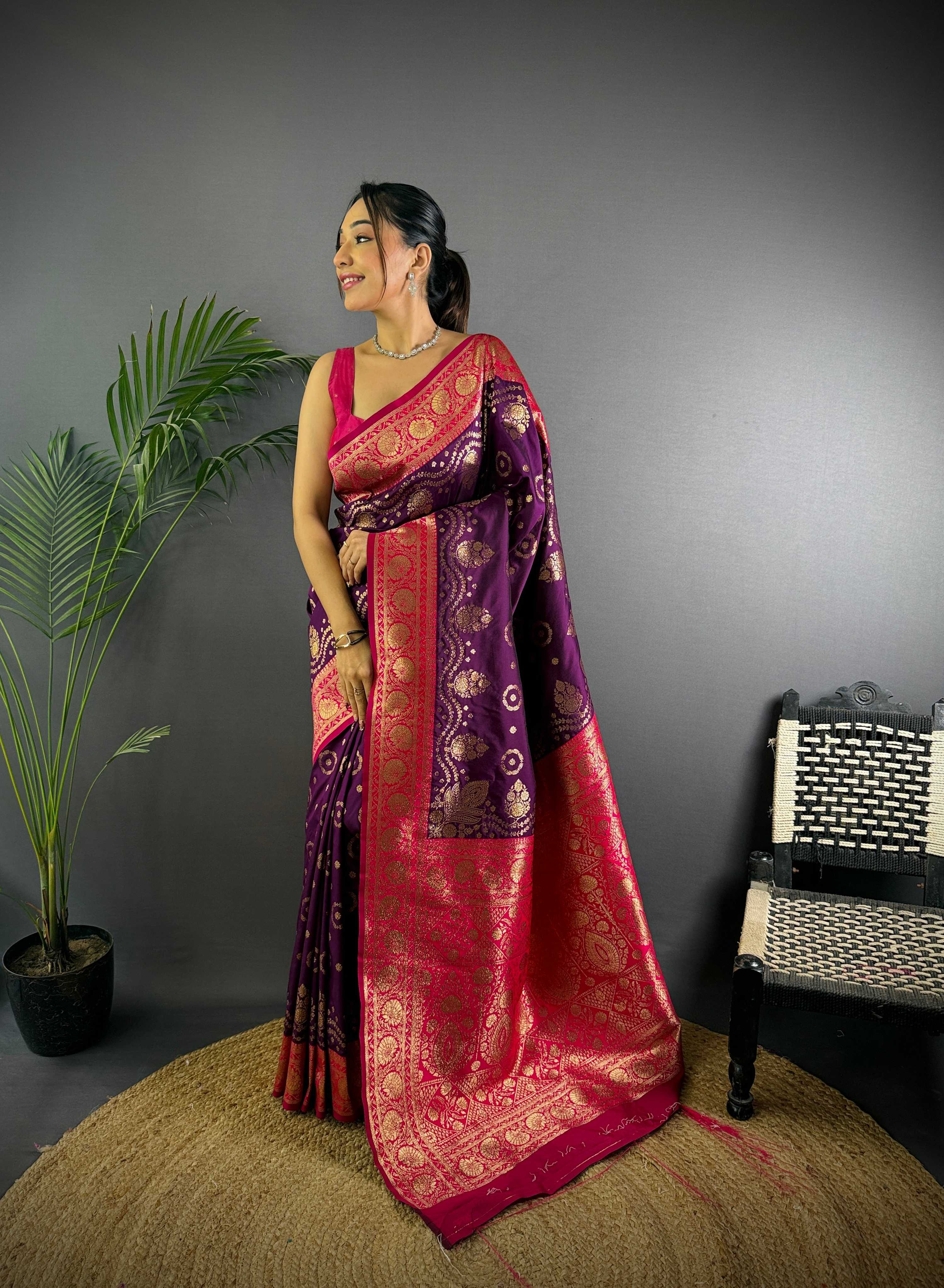 Sonakshi Women's Jamli Banarasi Silk Zari Weaving Saree with Blouse