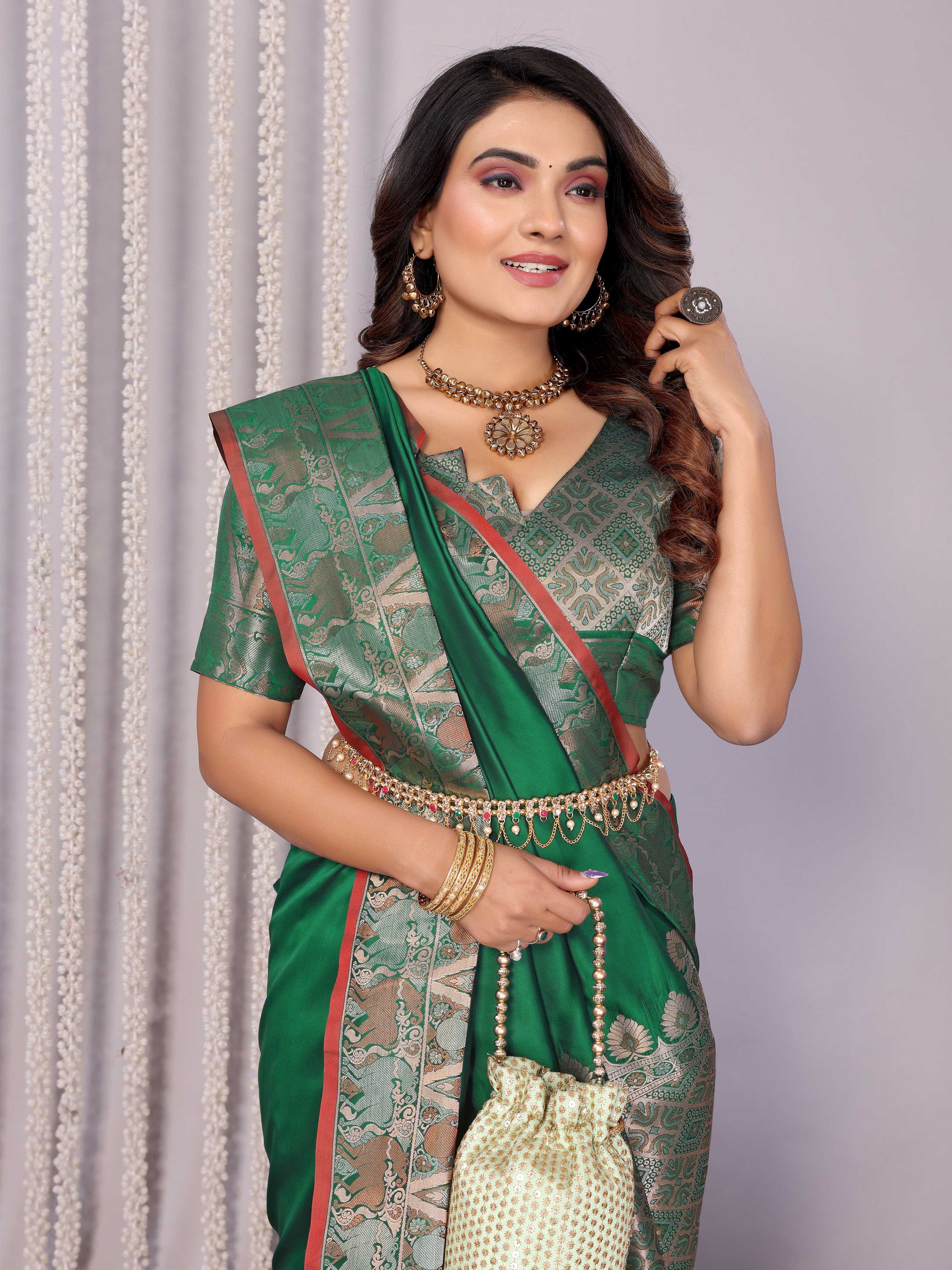 Sonakshi Women's Green Soft Silk Zari Weaving Saree with Blouse