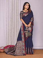 Thumbnail for Sonakshi Women's Navy Blue Soft Silk Zari Weaving Saree with Blouse