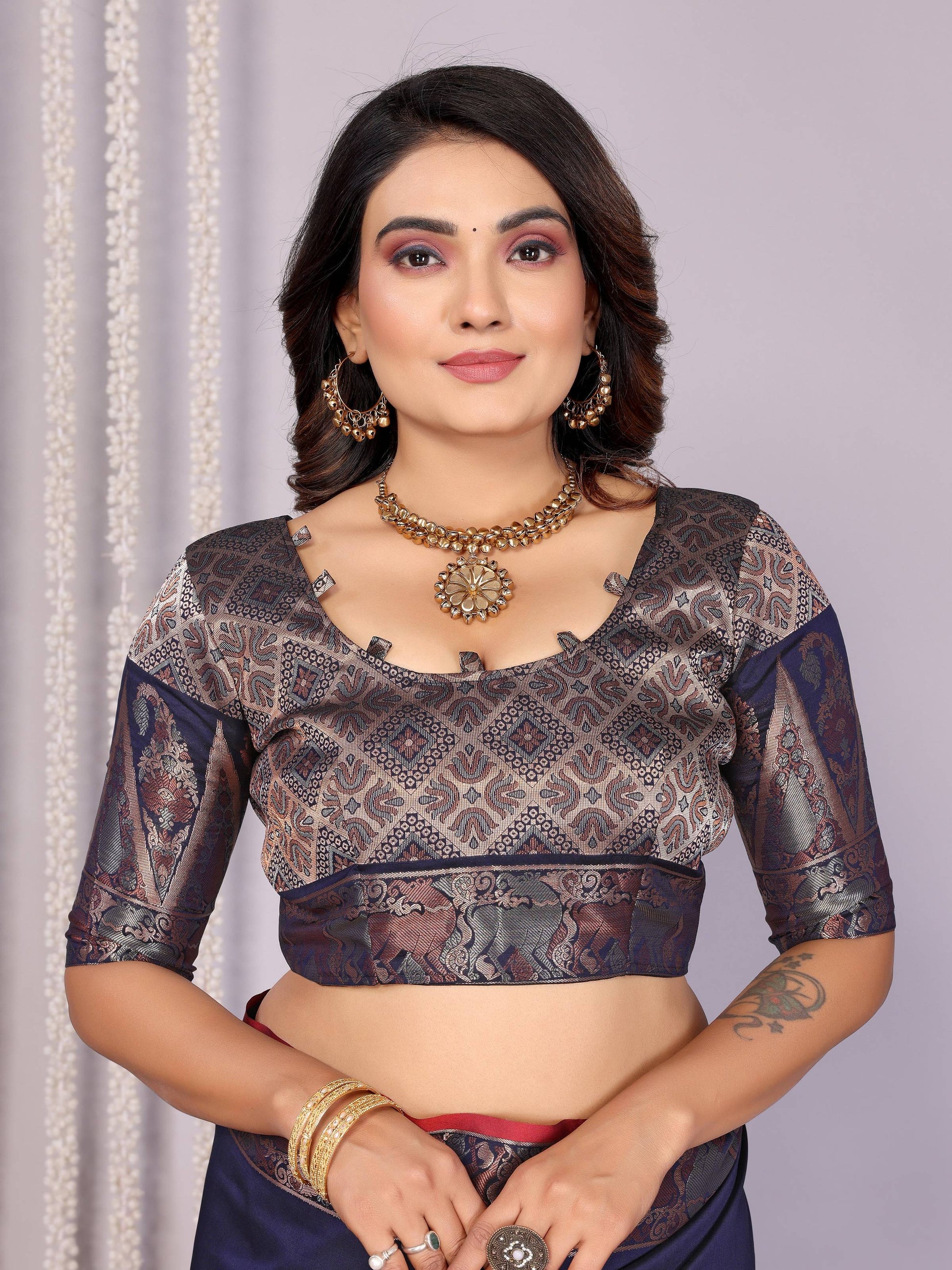 Sonakshi Women's Navy Blue Soft Silk Zari Weaving Saree with Blouse - Distacart