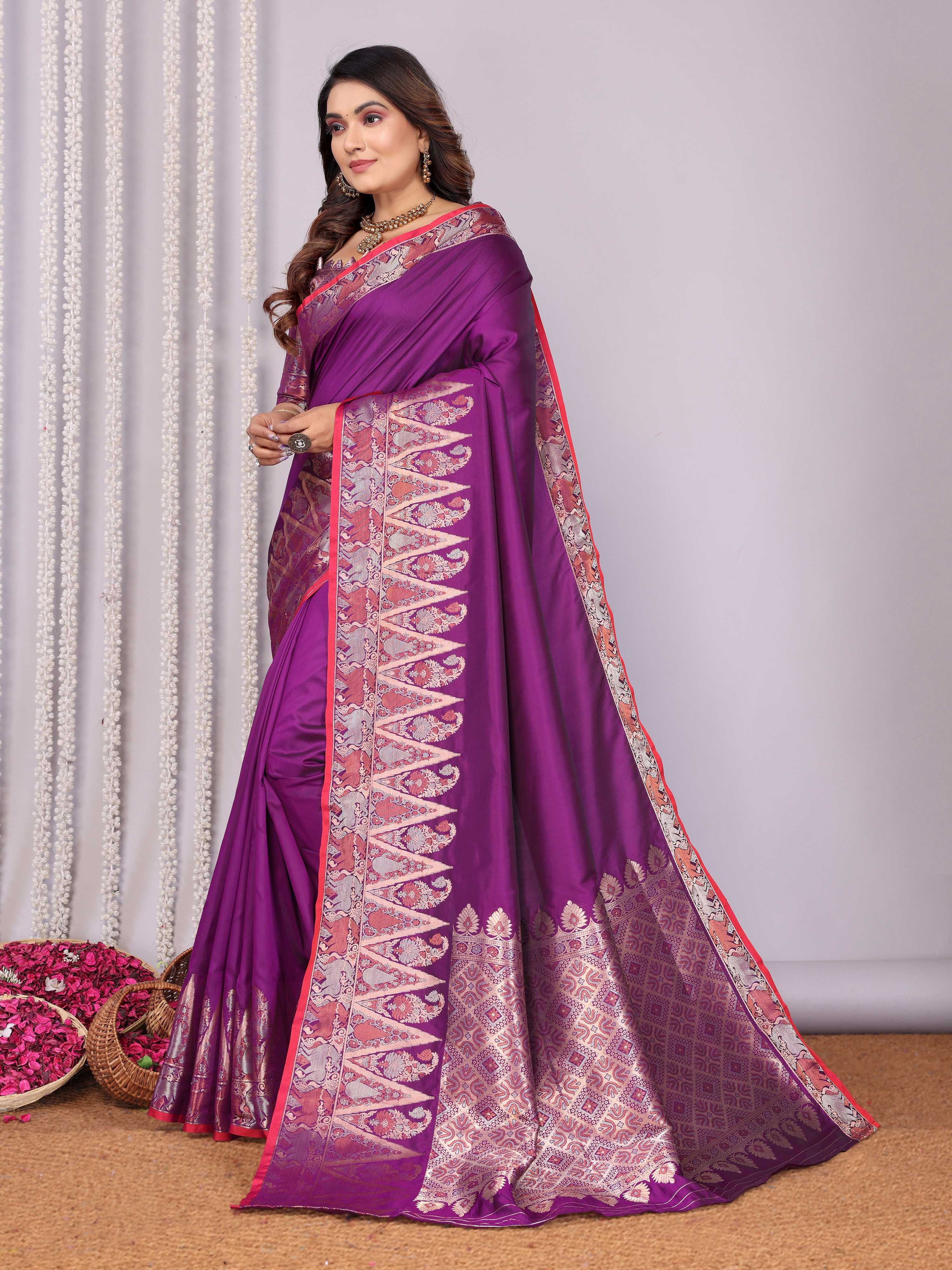 Sonakshi Women's Lavender Soft Silk Zari Weaving Saree with Blouse