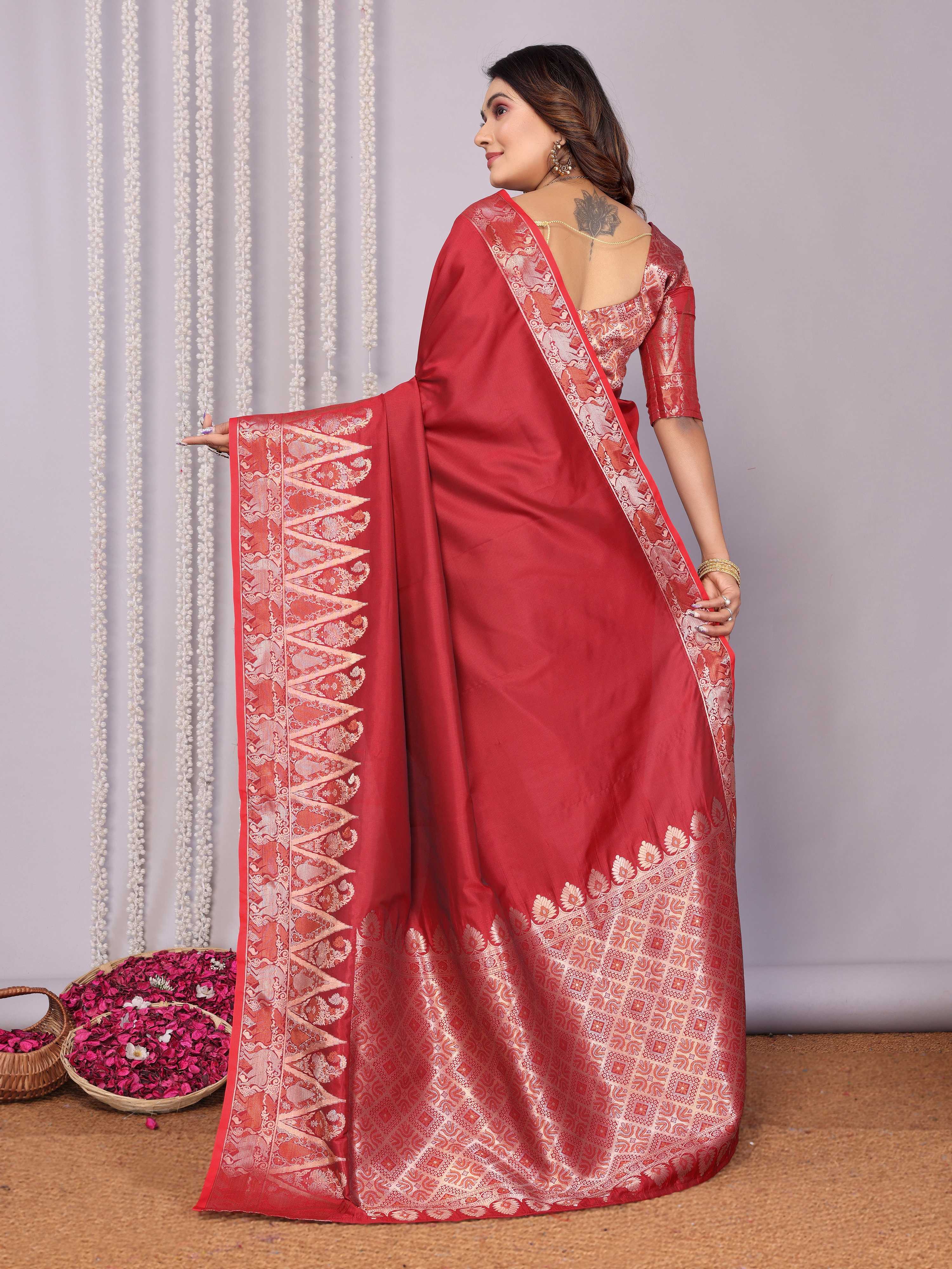 Sonakshi Women's Maroon Soft Silk Zari Weaving Saree with Blouse