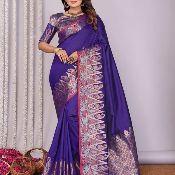 Sonakshi Women's Royal Blue Soft Silk Zari Weaving Saree with Blouse - Distacart