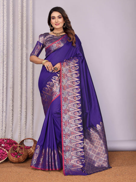 Sonakshi Women's Royal Blue Soft Silk Zari Weaving Saree with Blouse
