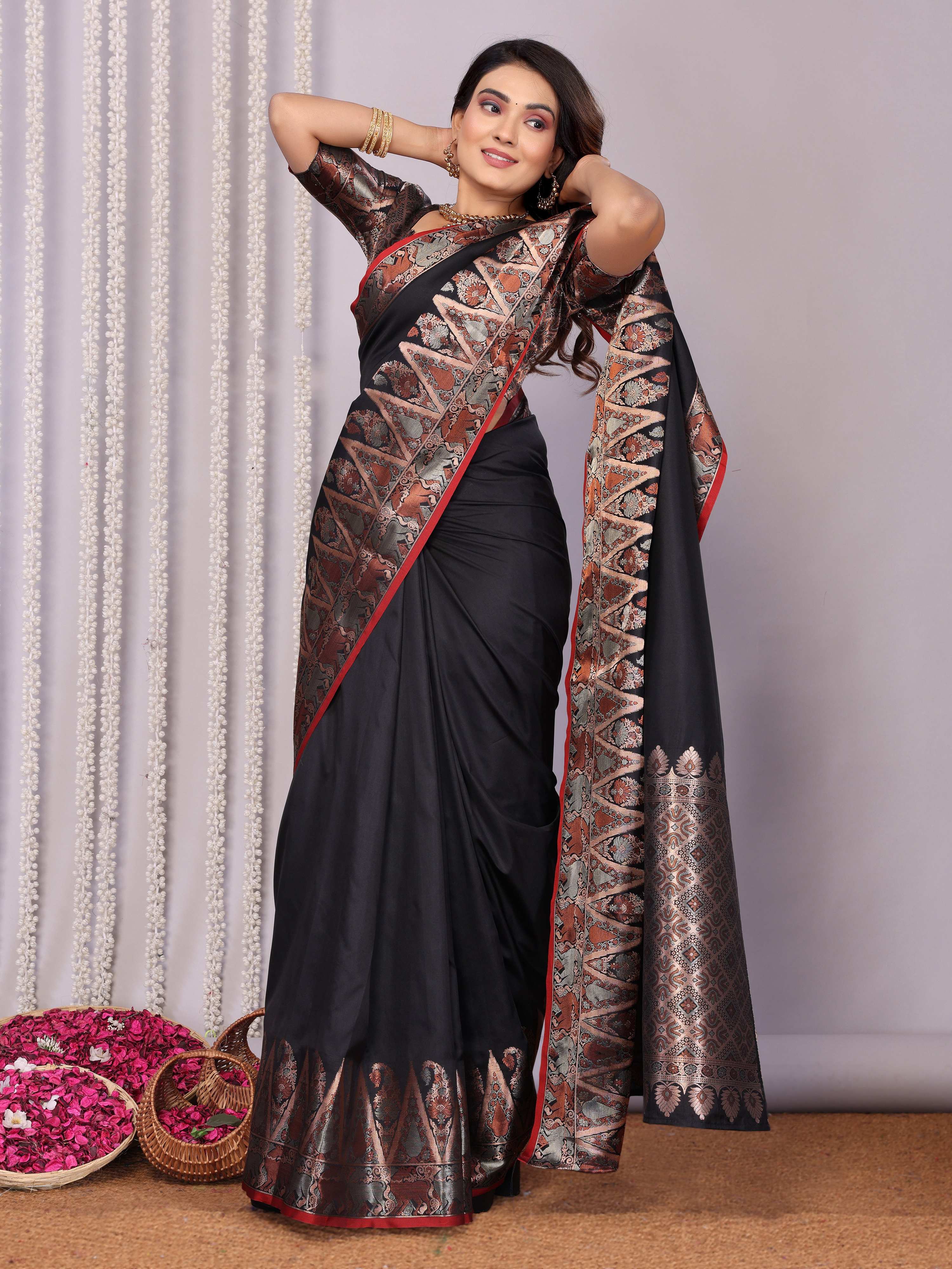 Sonakshi Women's Black Soft Silk Zari Weaving Saree with Blouse