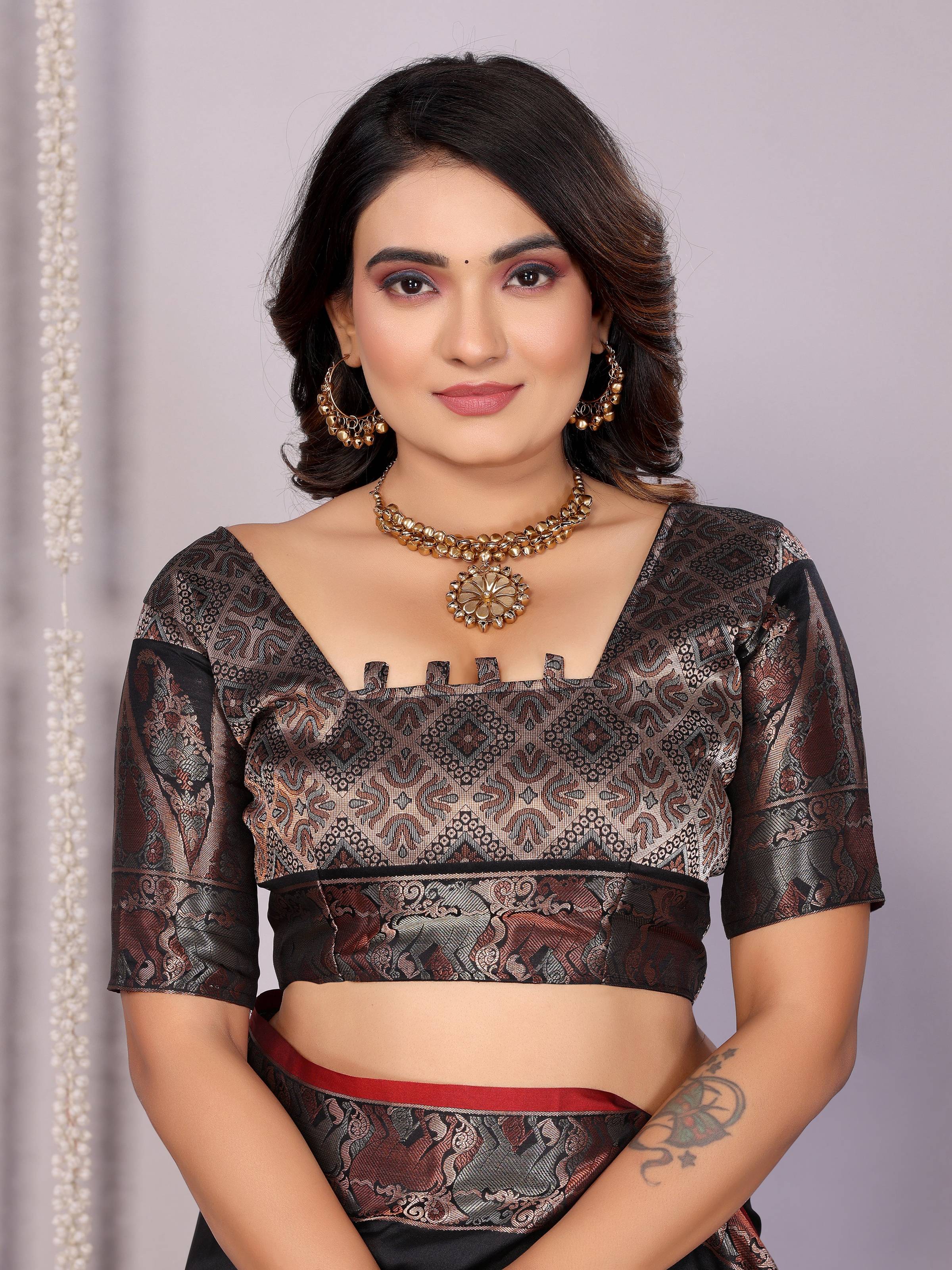 Sonakshi Women's Black Soft Silk Zari Weaving Saree with Blouse