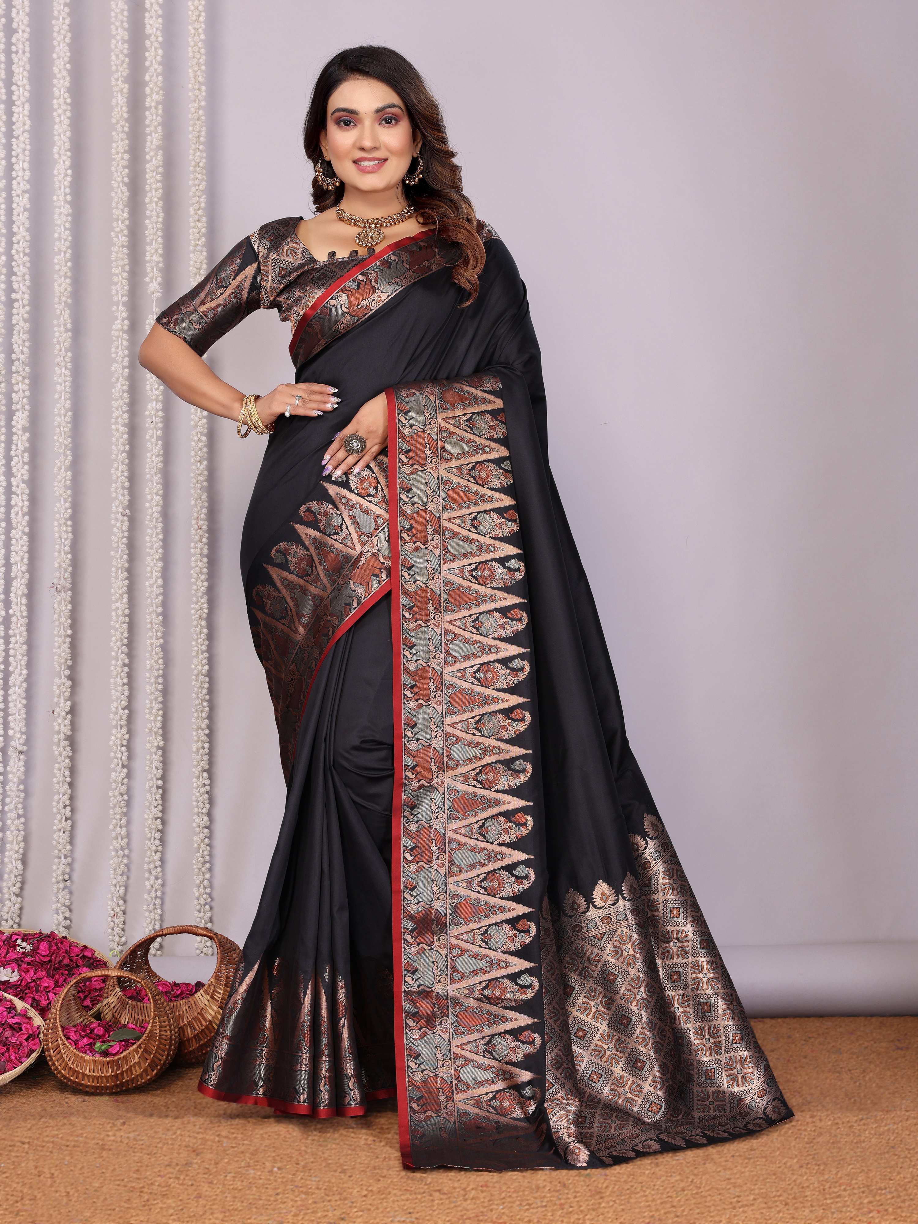 Sonakshi Women's Black Soft Silk Zari Weaving Saree with Blouse