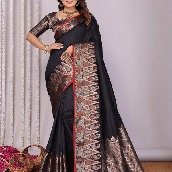 Sonakshi Women's Black Soft Silk Zari Weaving Saree with Blouse - Distacart