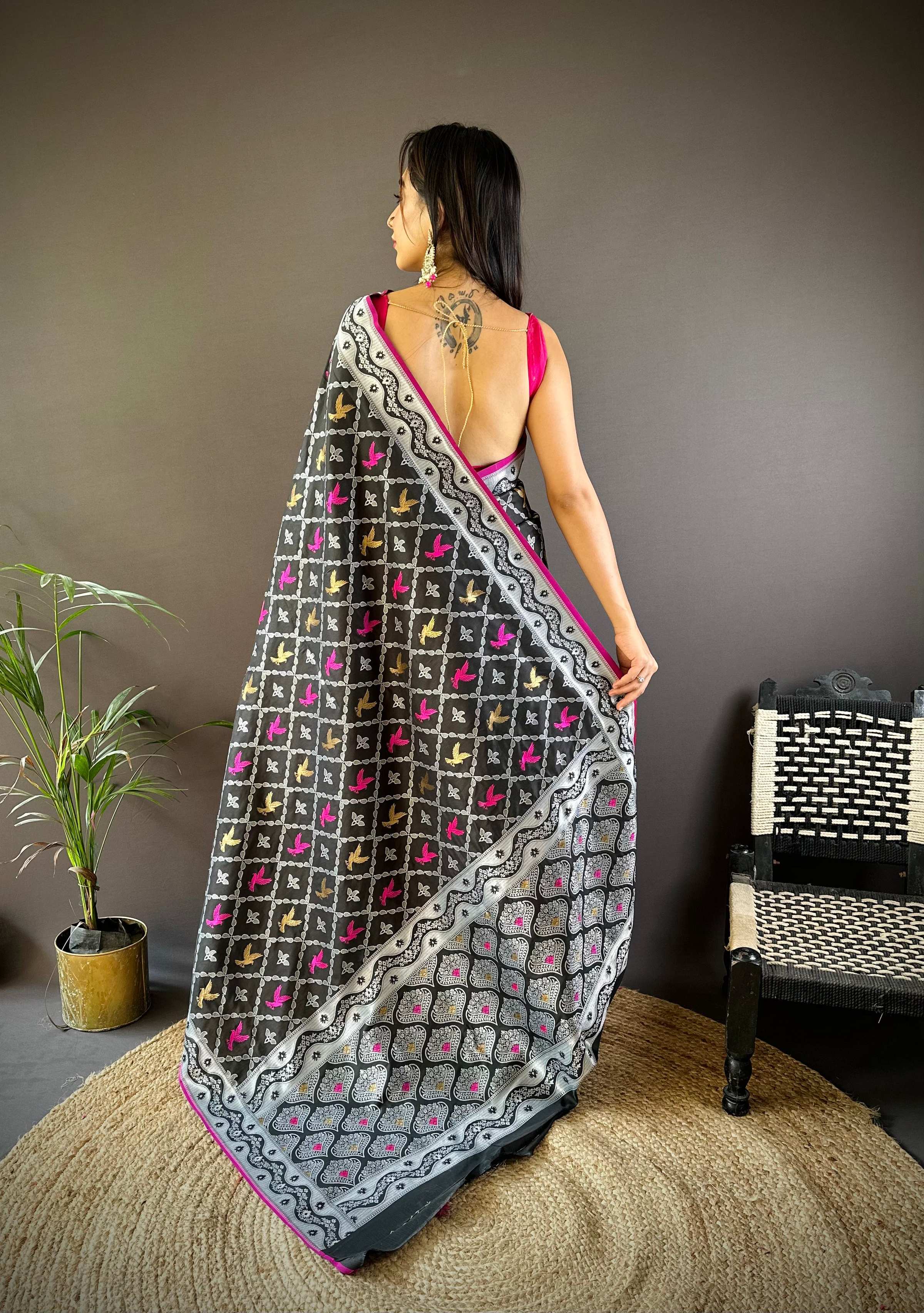 Sonakshi Women's Black Lichi Soft Silk Zari Weaving Saree with Blouse