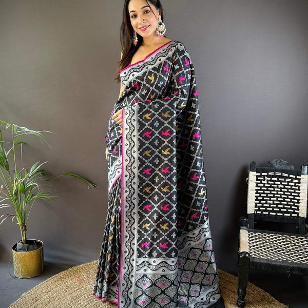 Sonakshi Women's Black Lichi Soft Silk Zari Weaving Saree with Blouse - Distacart