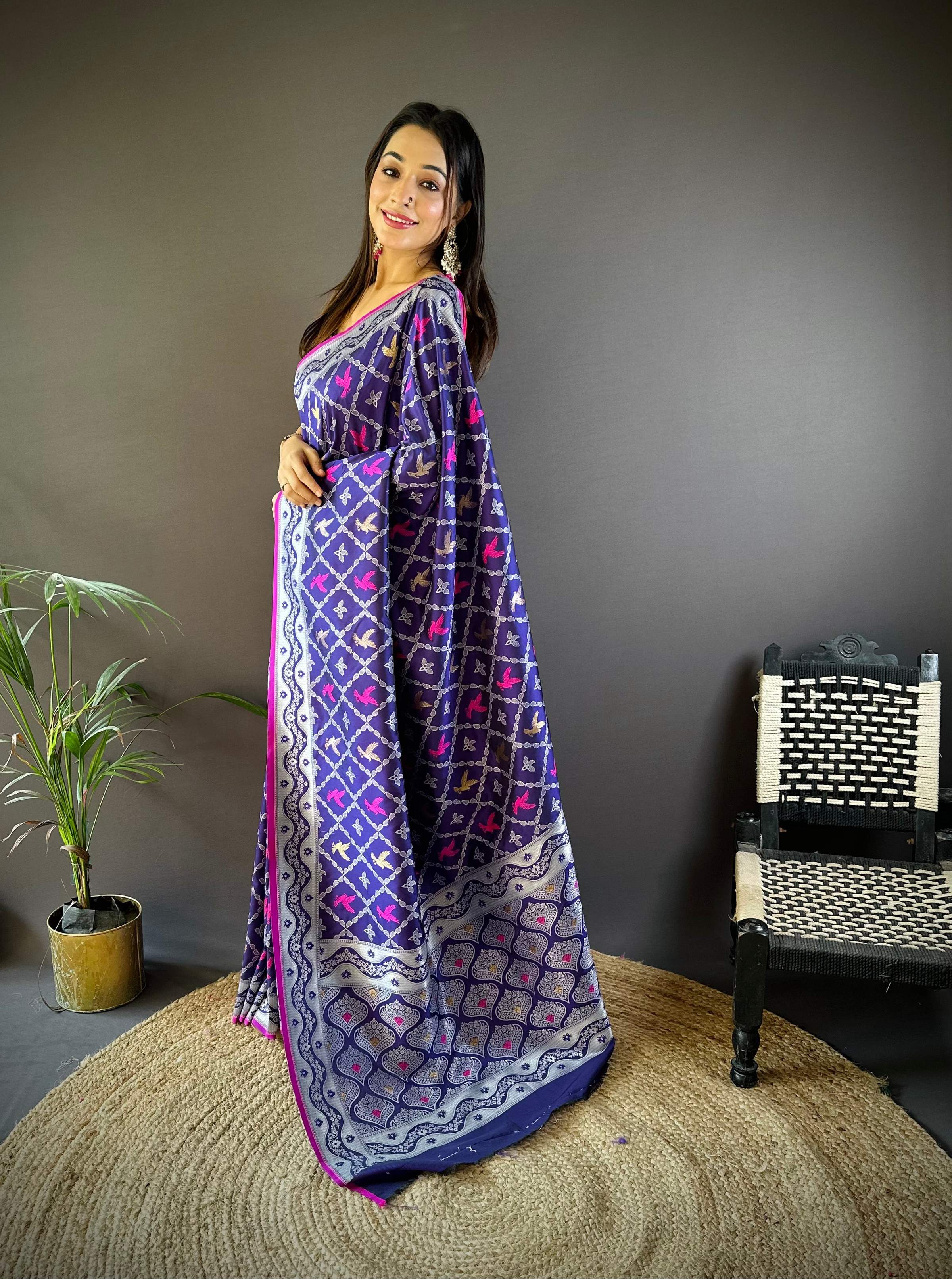 Sonakshi Women's Blue Lichi Soft Silk Zari Weaving Saree with Blouse