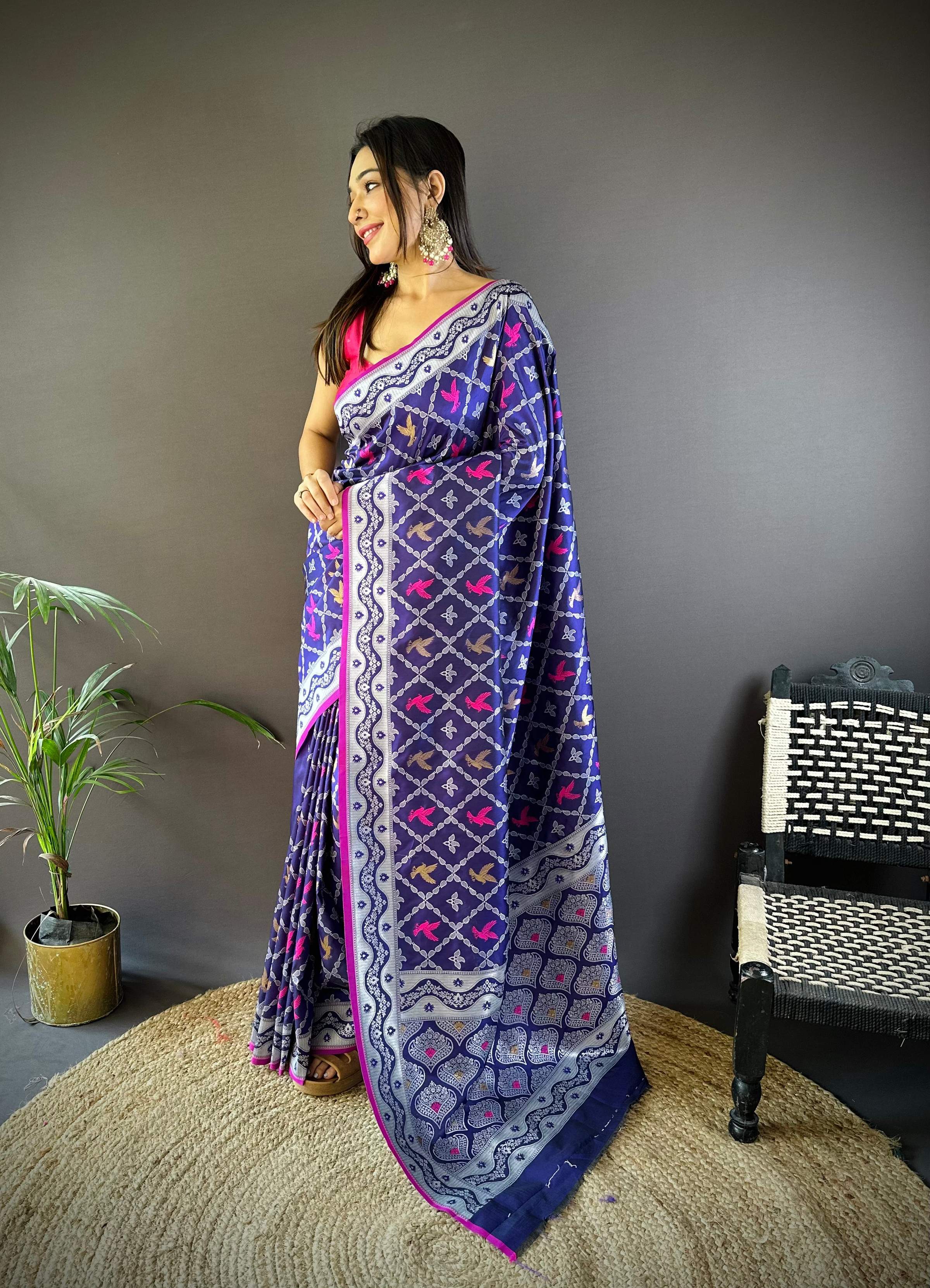 Sonakshi Women's Blue Lichi Soft Silk Zari Weaving Saree with Blouse