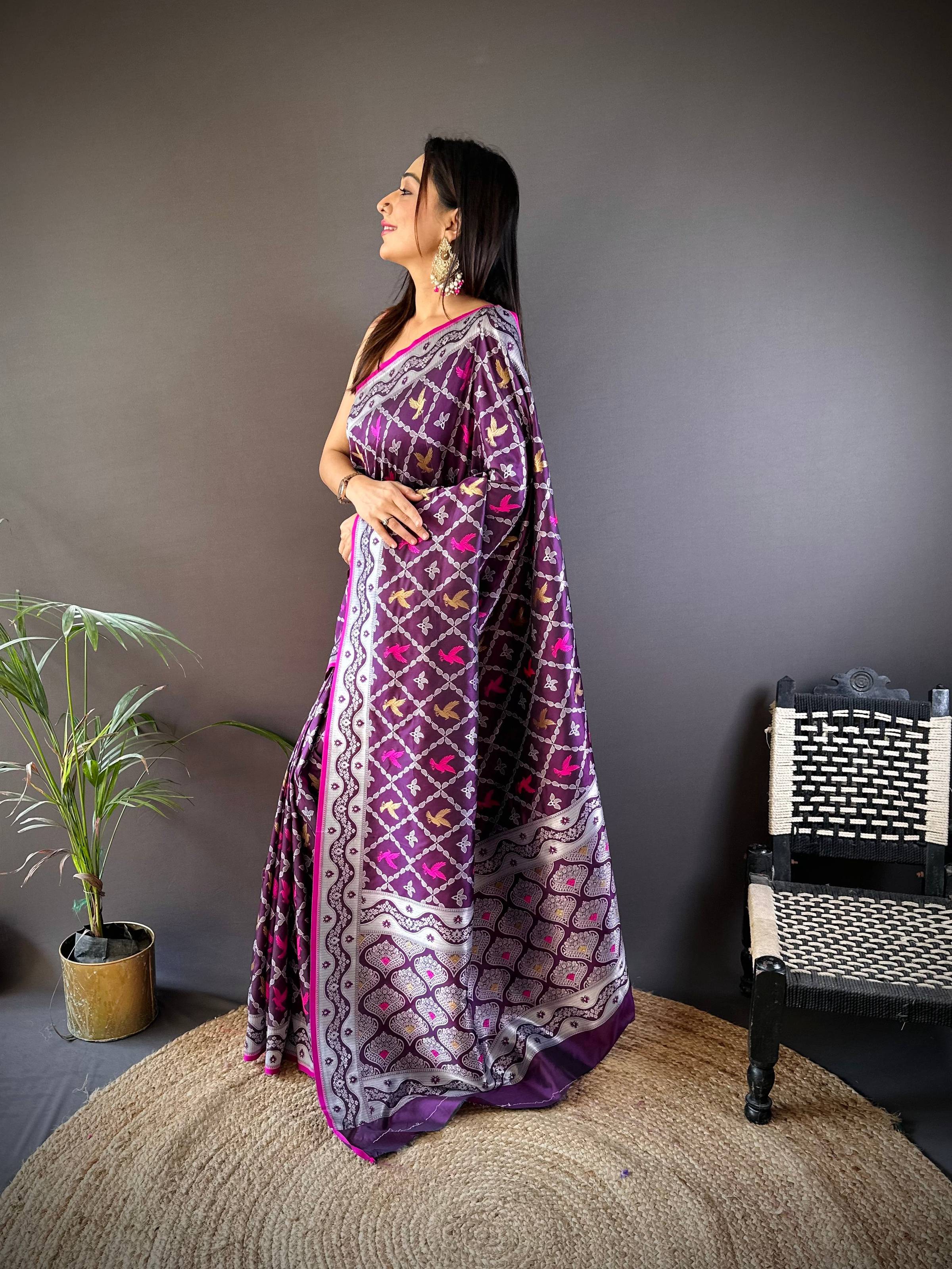 Sonakshi Women's Wine Lichi Soft Silk Zari Weaving Saree with Blouse