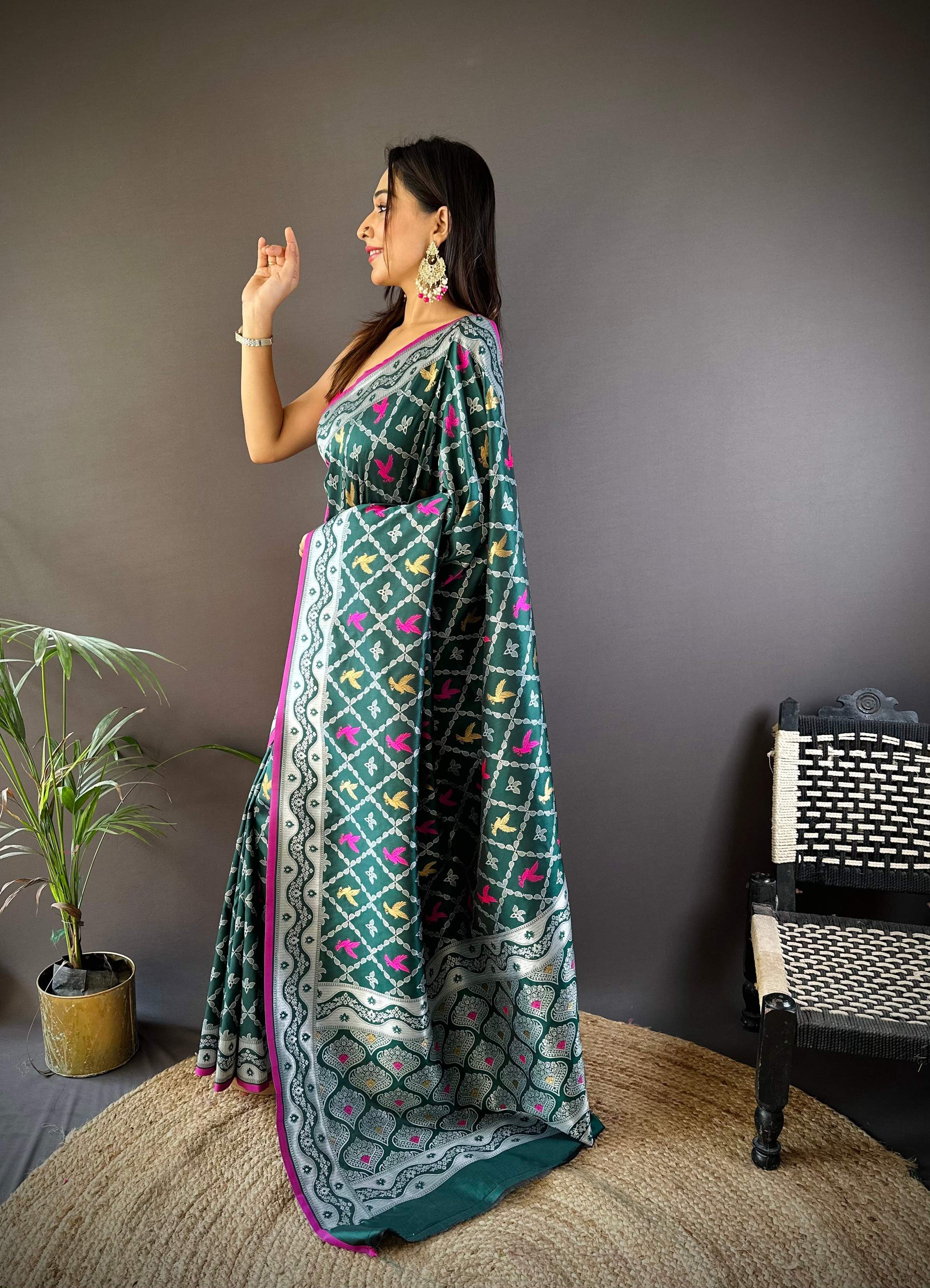 Sonakshi Women's Green Lichi Soft Silk Zari Weaving Saree with Blouse