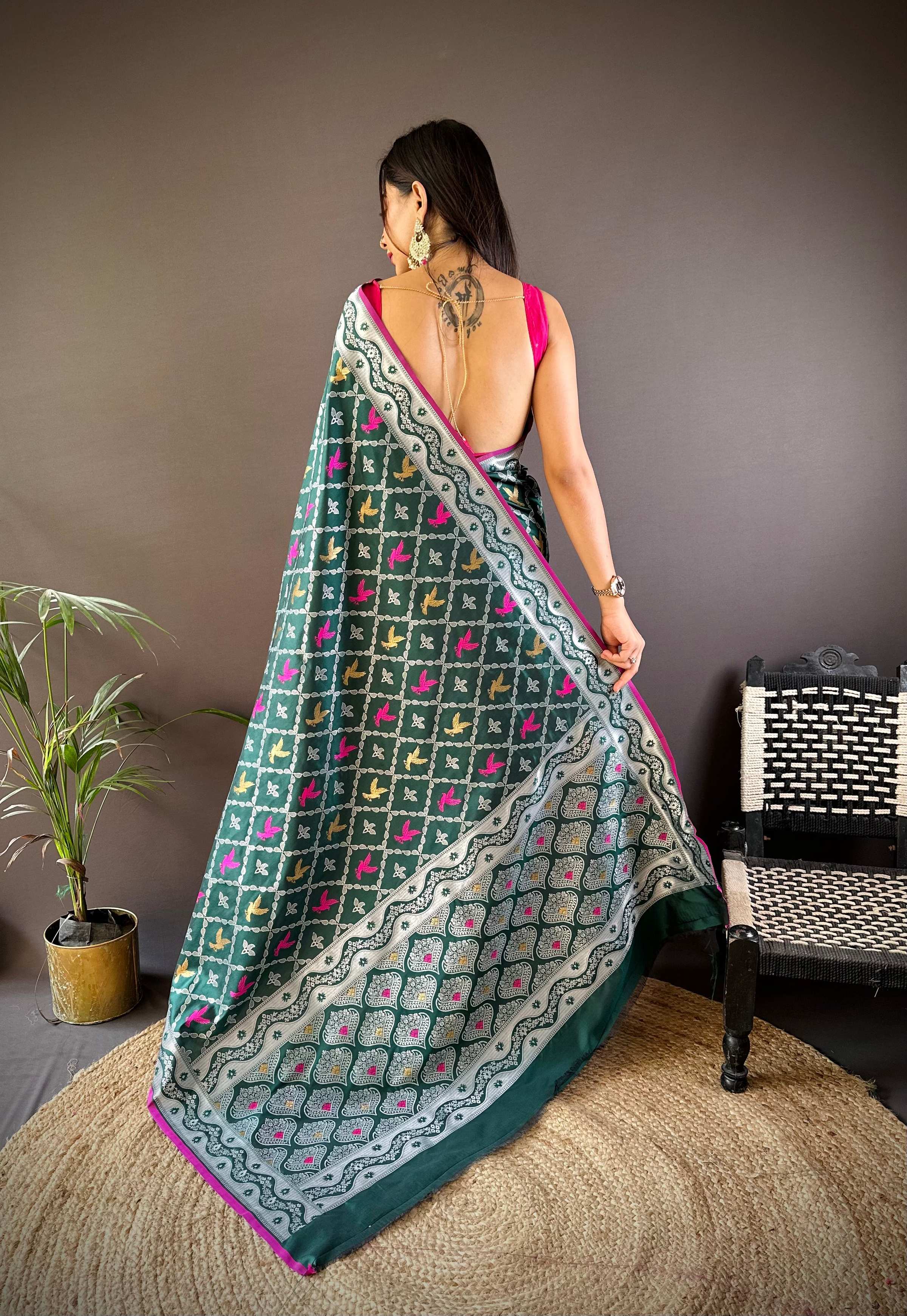 Sonakshi Women's Green Lichi Soft Silk Zari Weaving Saree with Blouse